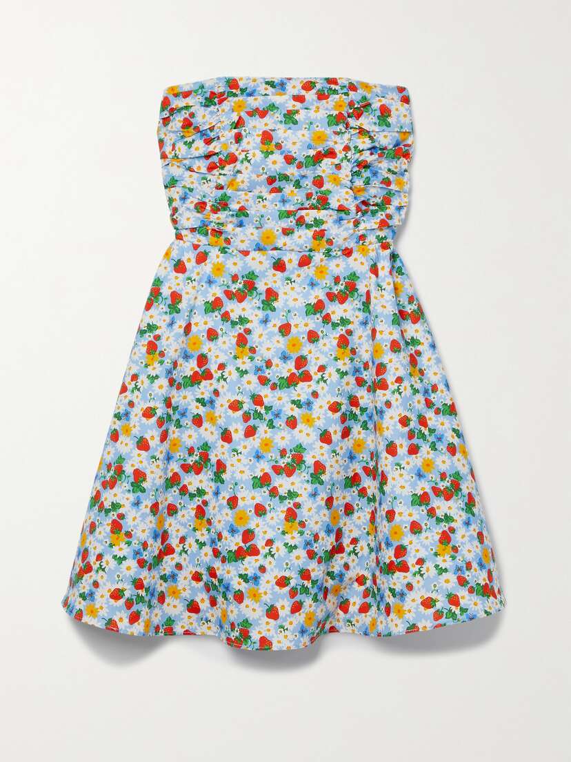 HVN Karla Strapless Ruched Printed Cotton-blend Poplin Mini Dress