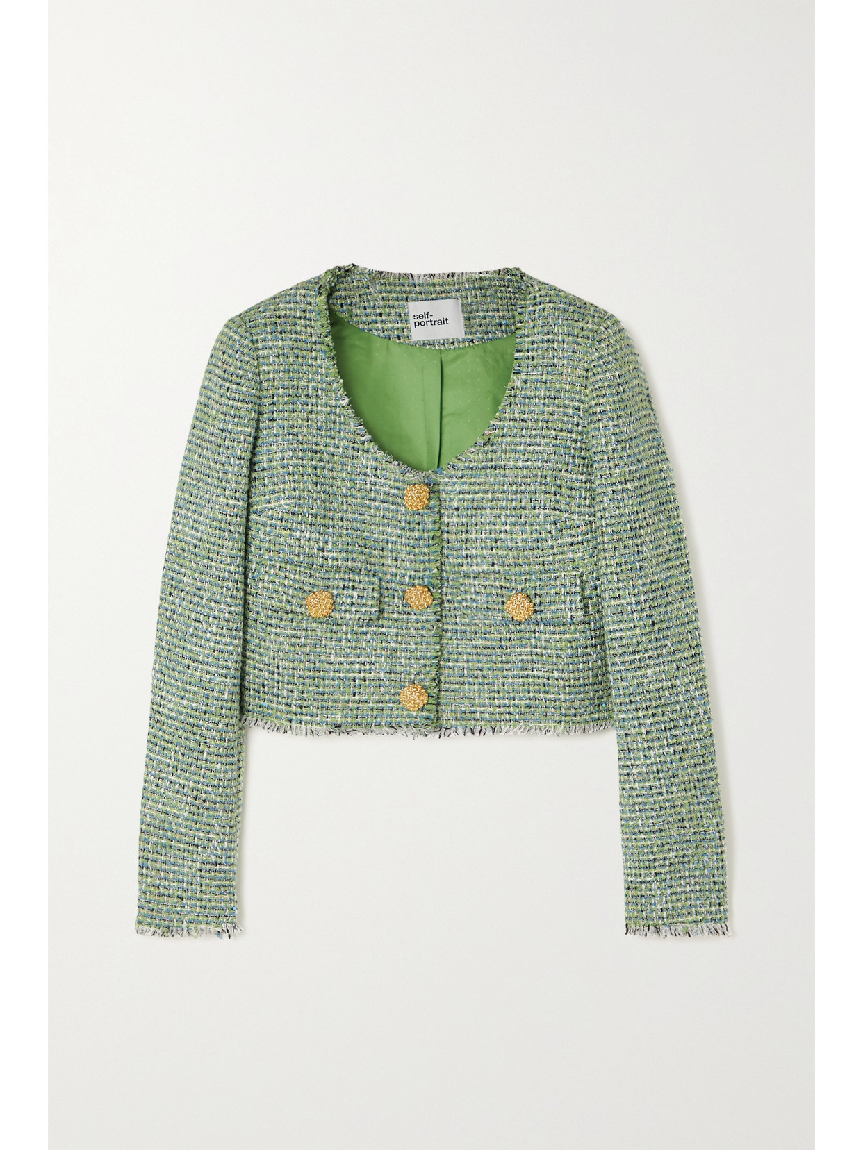 Self-portrait Cropped Button-embellished Metallic Bouclé-tweed Jacket In Green