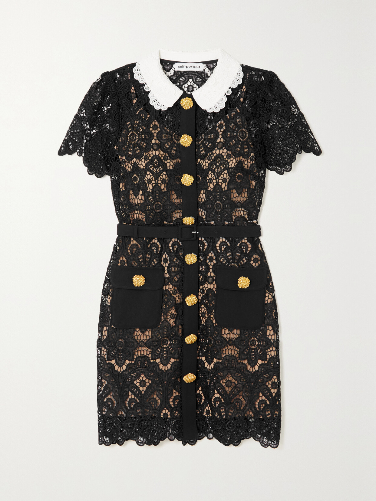 SELF-PORTRAIT BUTTON-EMBELLISHED GUIPURE LACE MINI DRESS