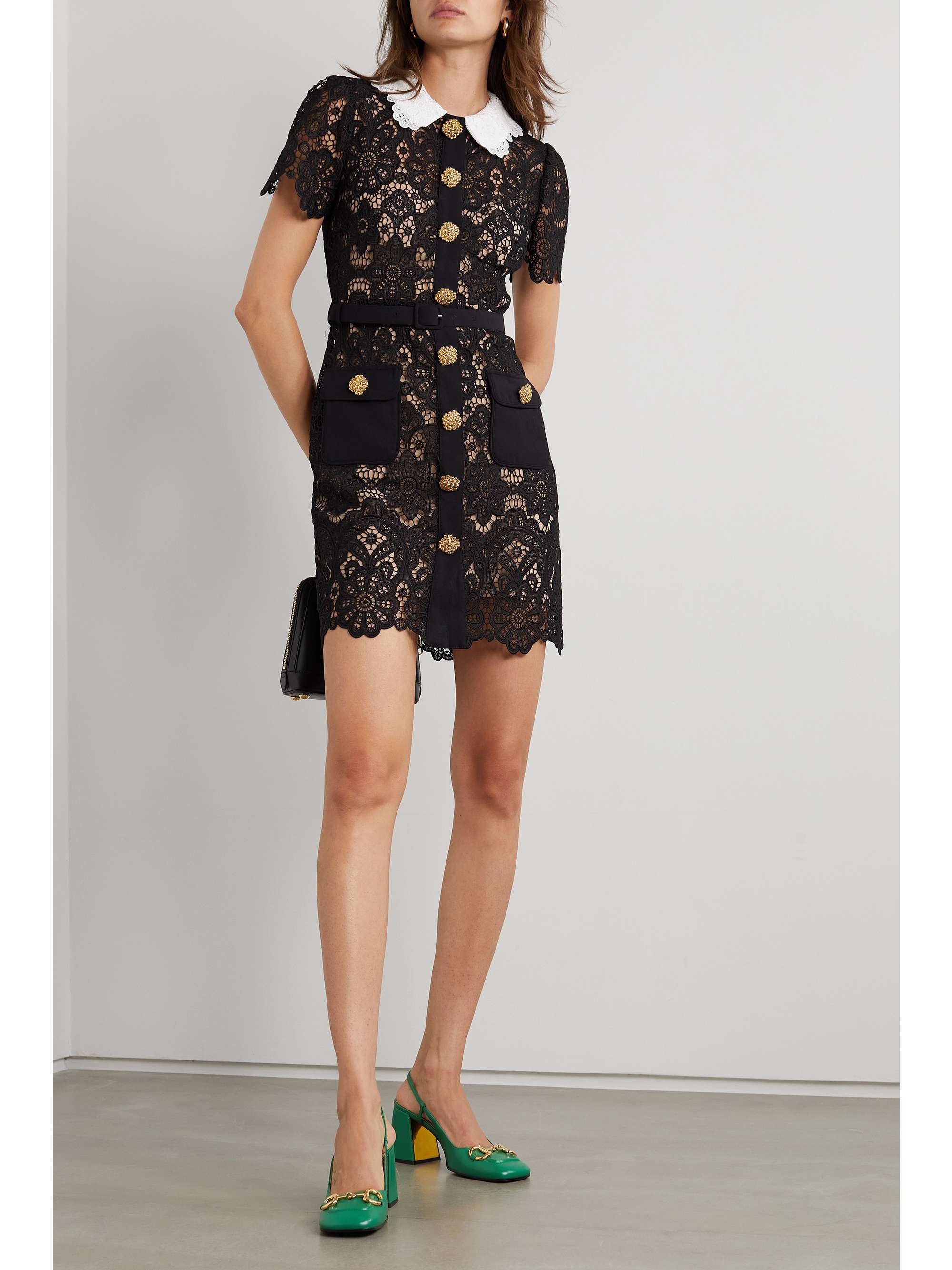 SELF-PORTRAIT Button-embellished guipure lace mini dress