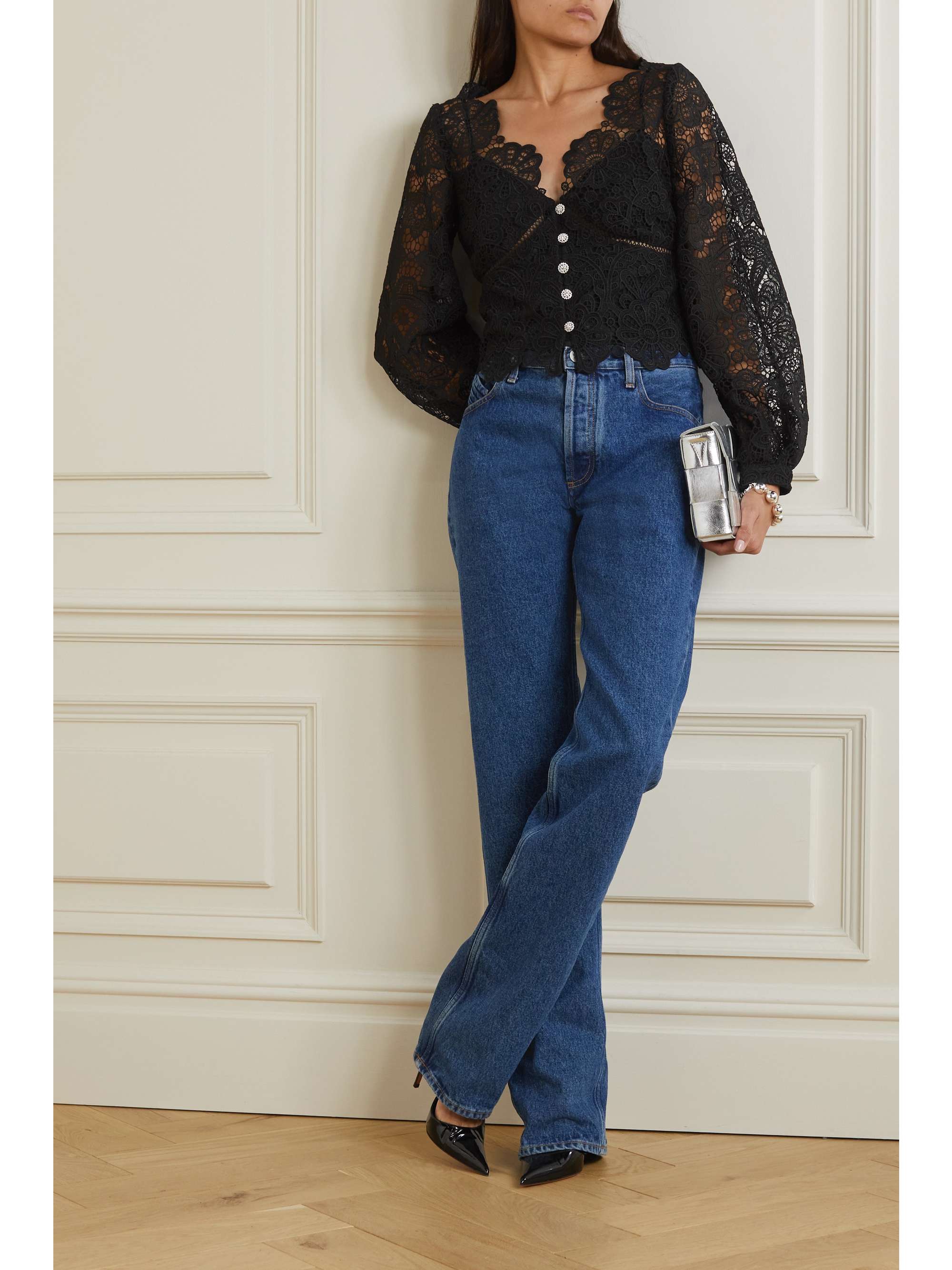 SELF-PORTRAIT Crystal-embellished guipure lace blouse