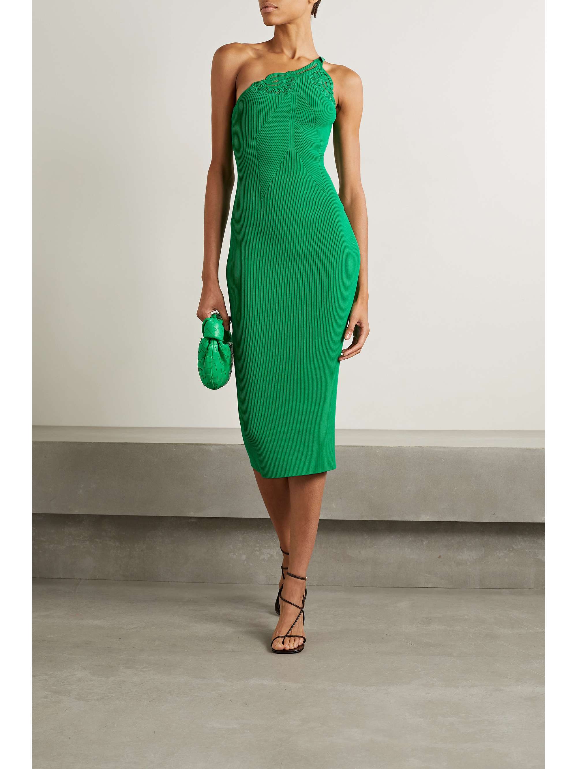 crochet-trimmed ribbed-knit midi dress 
