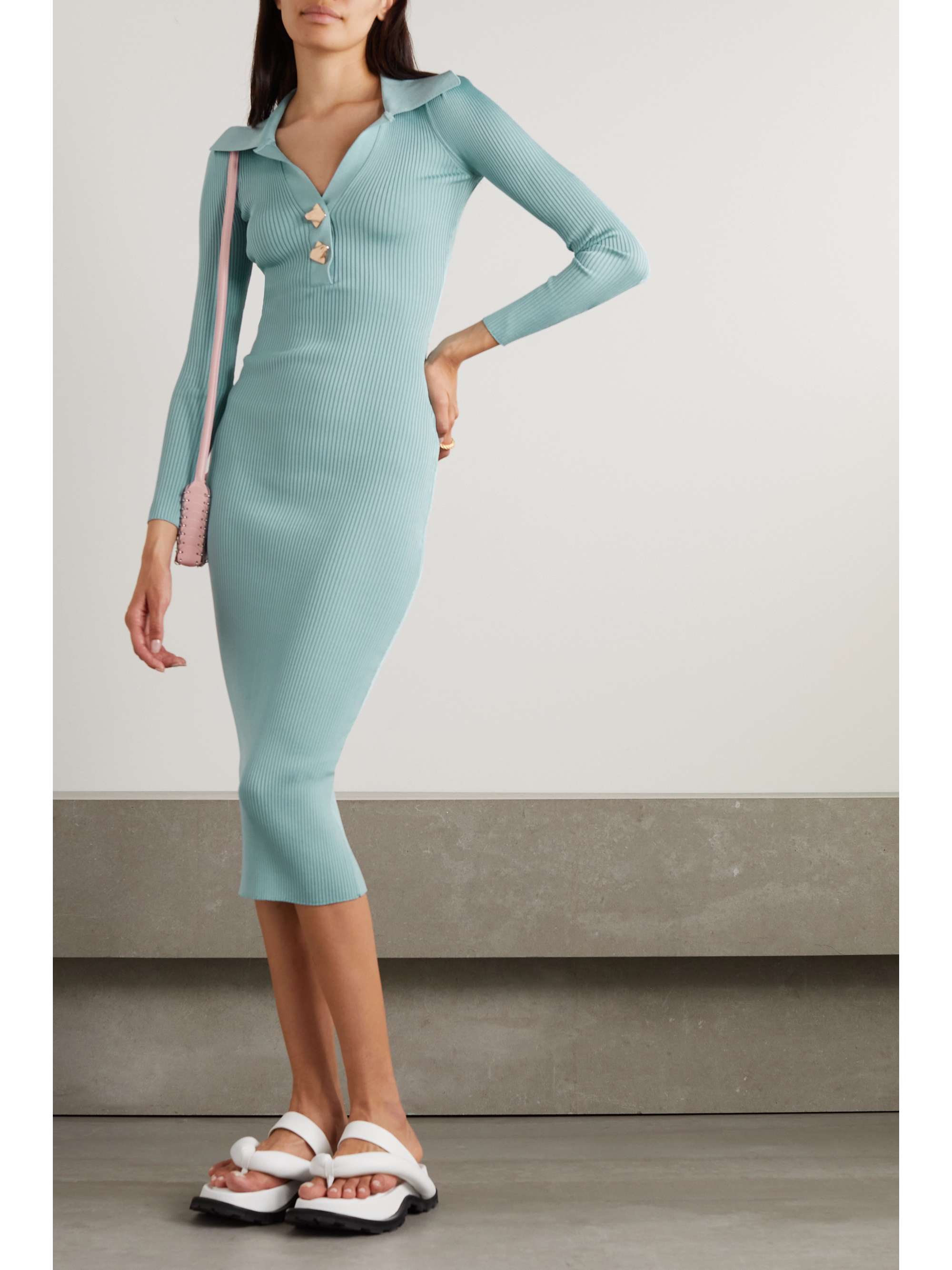 Blue Embellished ribbed-knit midi dress 