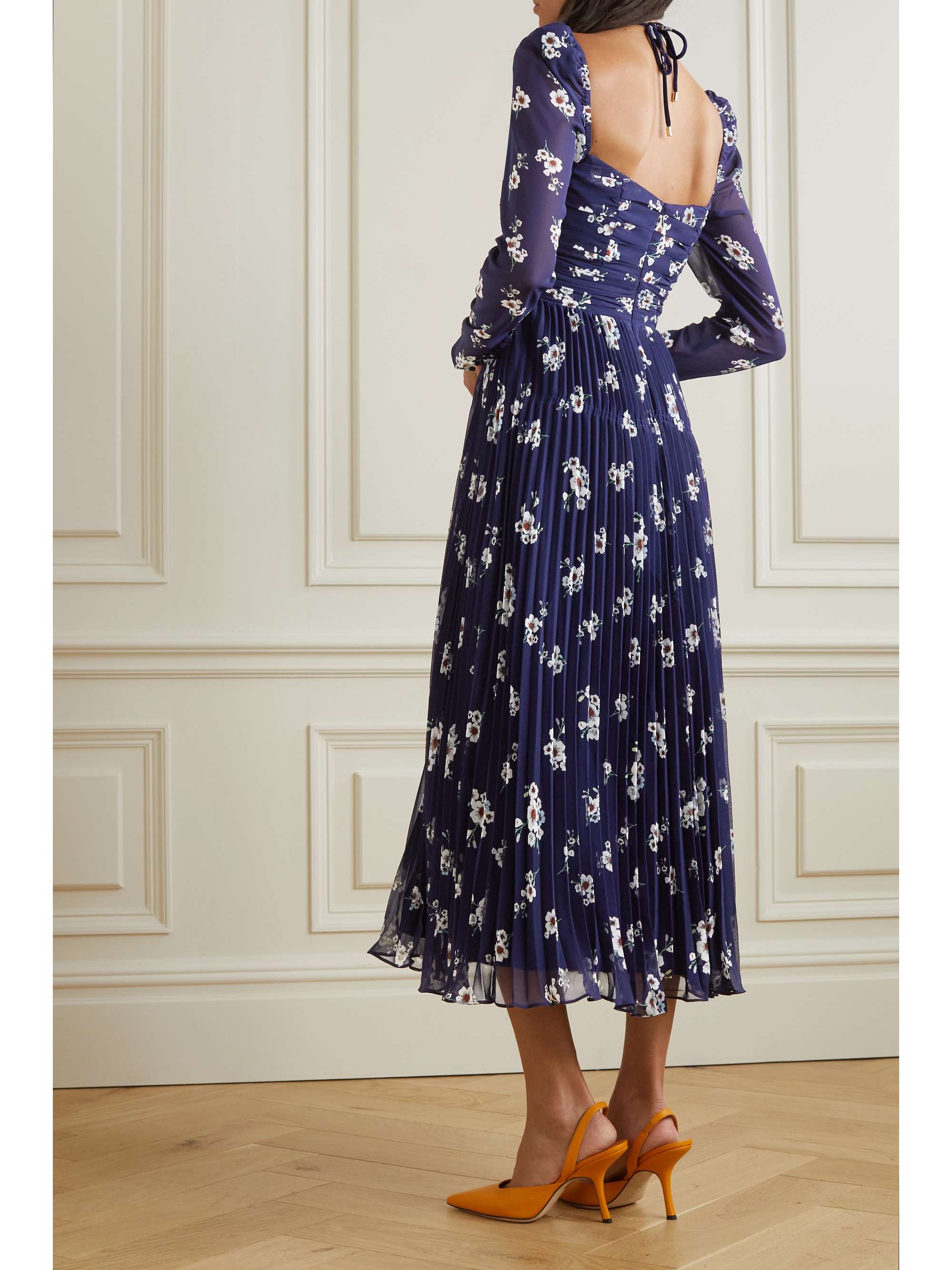 SELF-PORTRAIT Cutout pleated floral-print chiffon midi dress