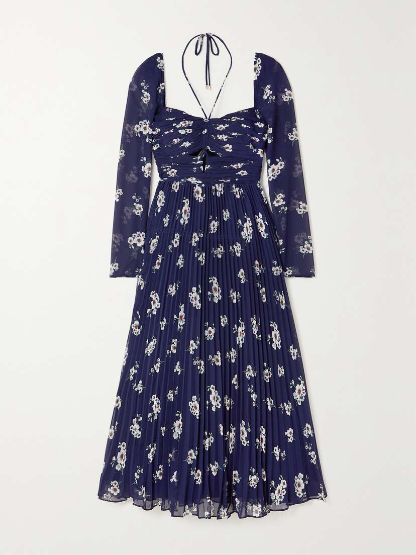 Self-Portrait Cutout Pleated Floral-print Chiffon Midi Dress - UK 16