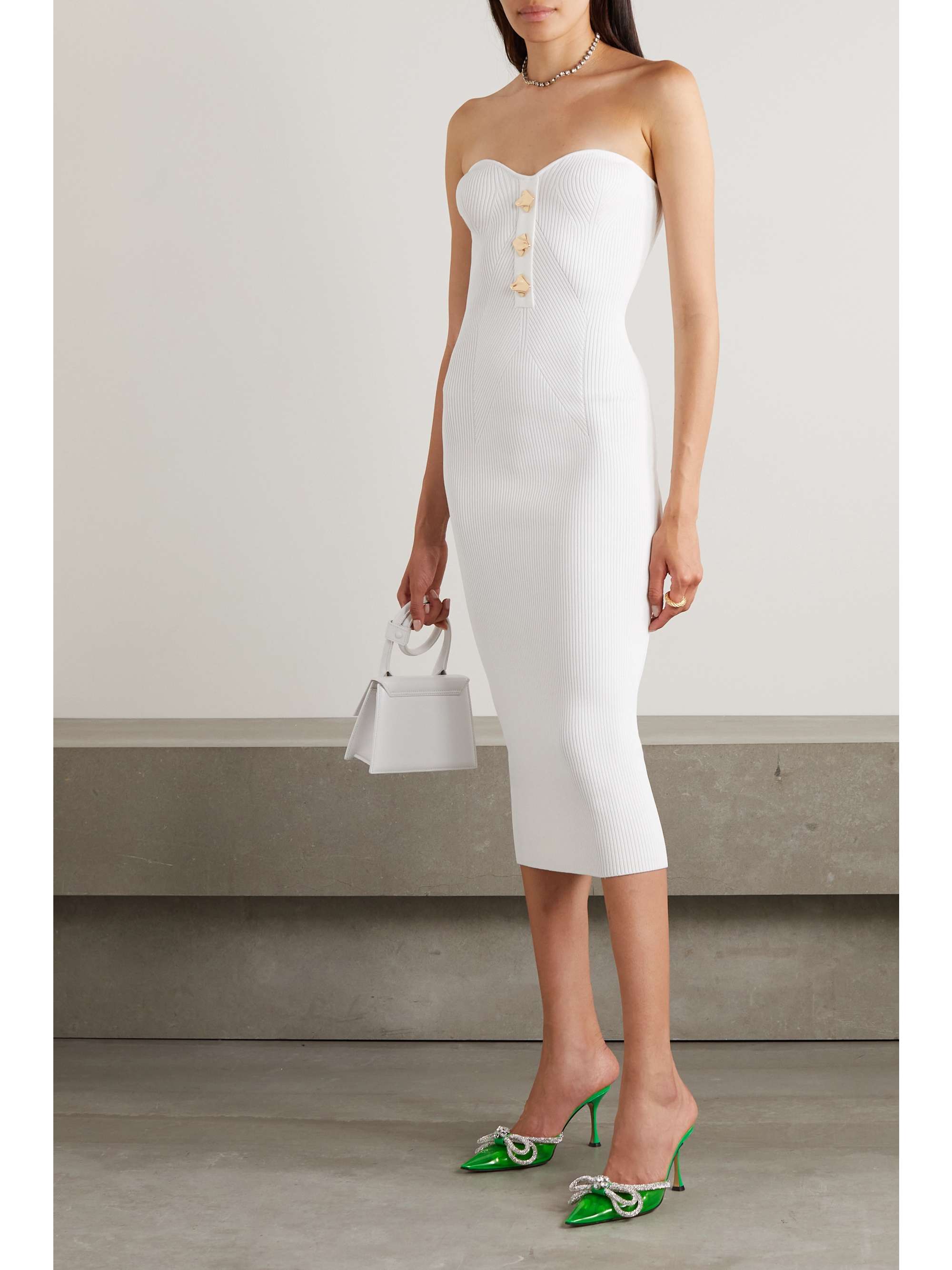 SELFPORTRAIT Strapless embellished ribbedknit midi dress NETAPORTER