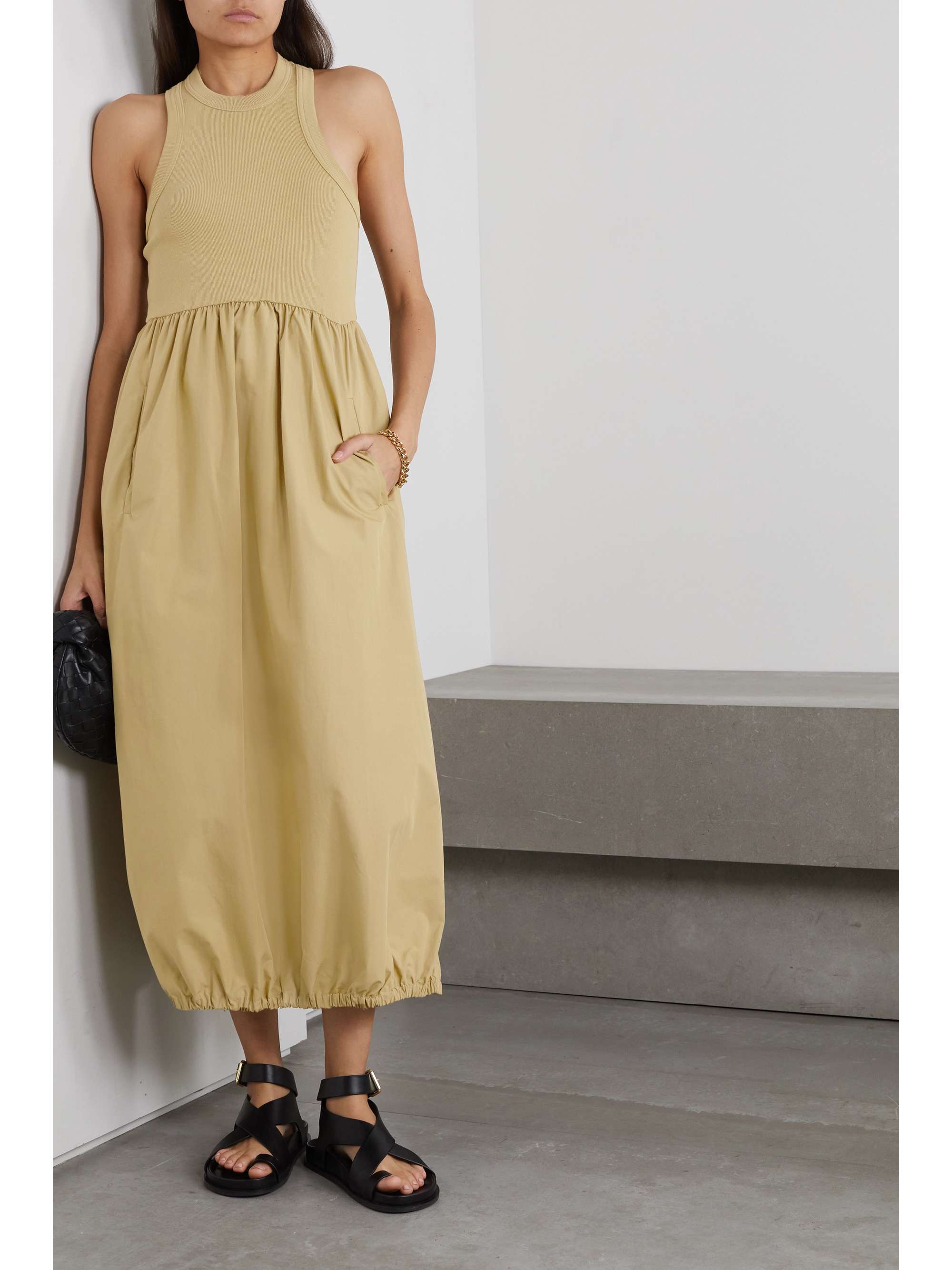 TIBI Ribbed cotton-blend jersey and gathered poplin midi dress | NET-A ...