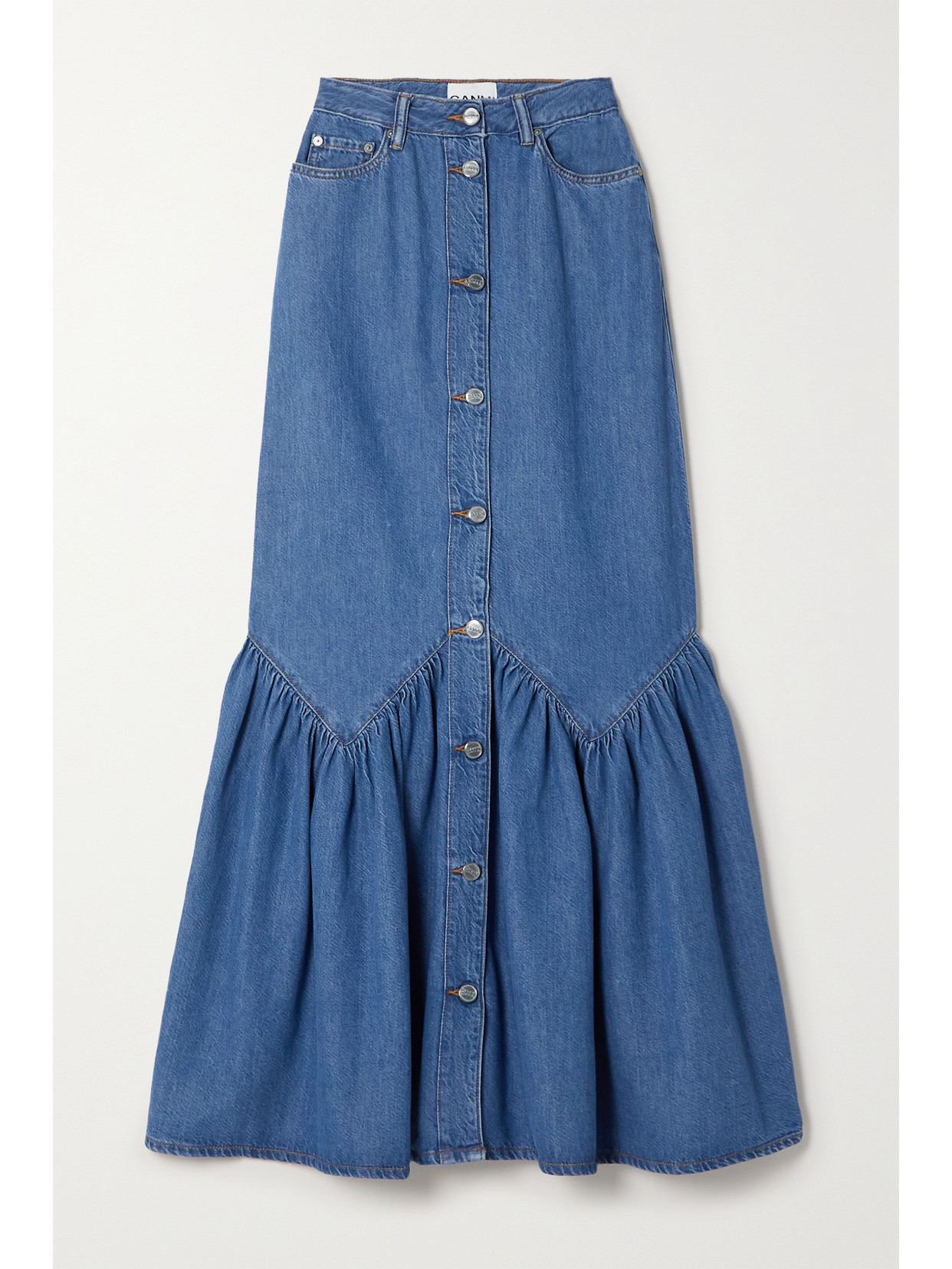 GANNI RUFFLED ORGANIC COTTON AND TENCEL LYOCELL-BLEND DENIM MAXI SKIRT