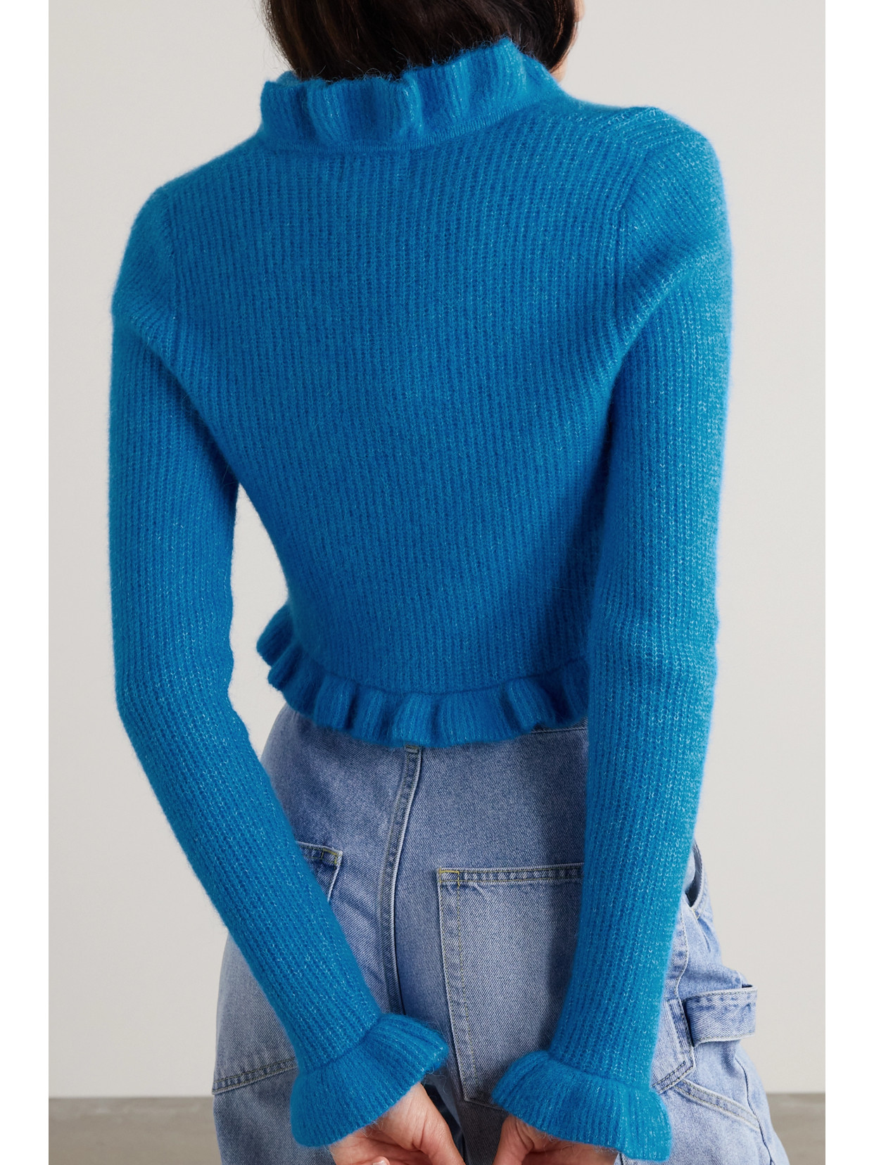 Ganni Wool-blend Ruffle-trimmed Cardigan In Blue