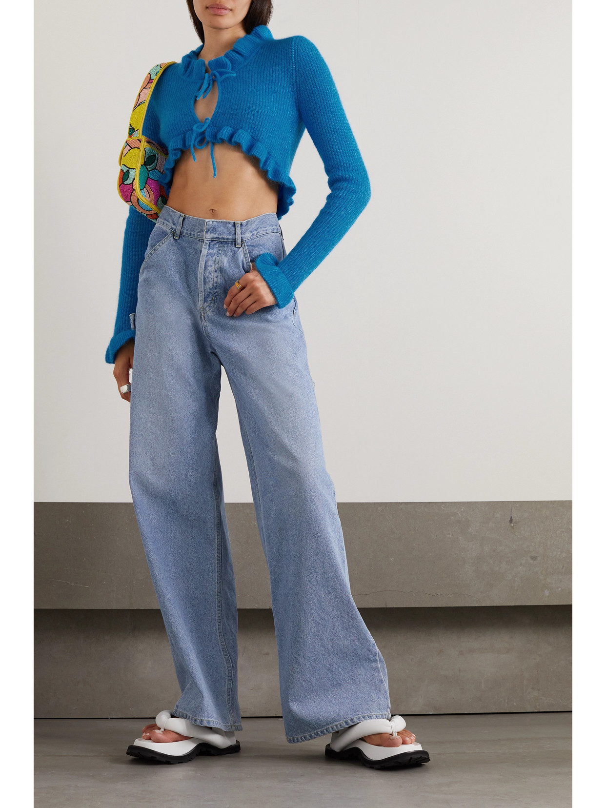 Ganni Wool-blend Ruffle-trimmed Cardigan In Blue