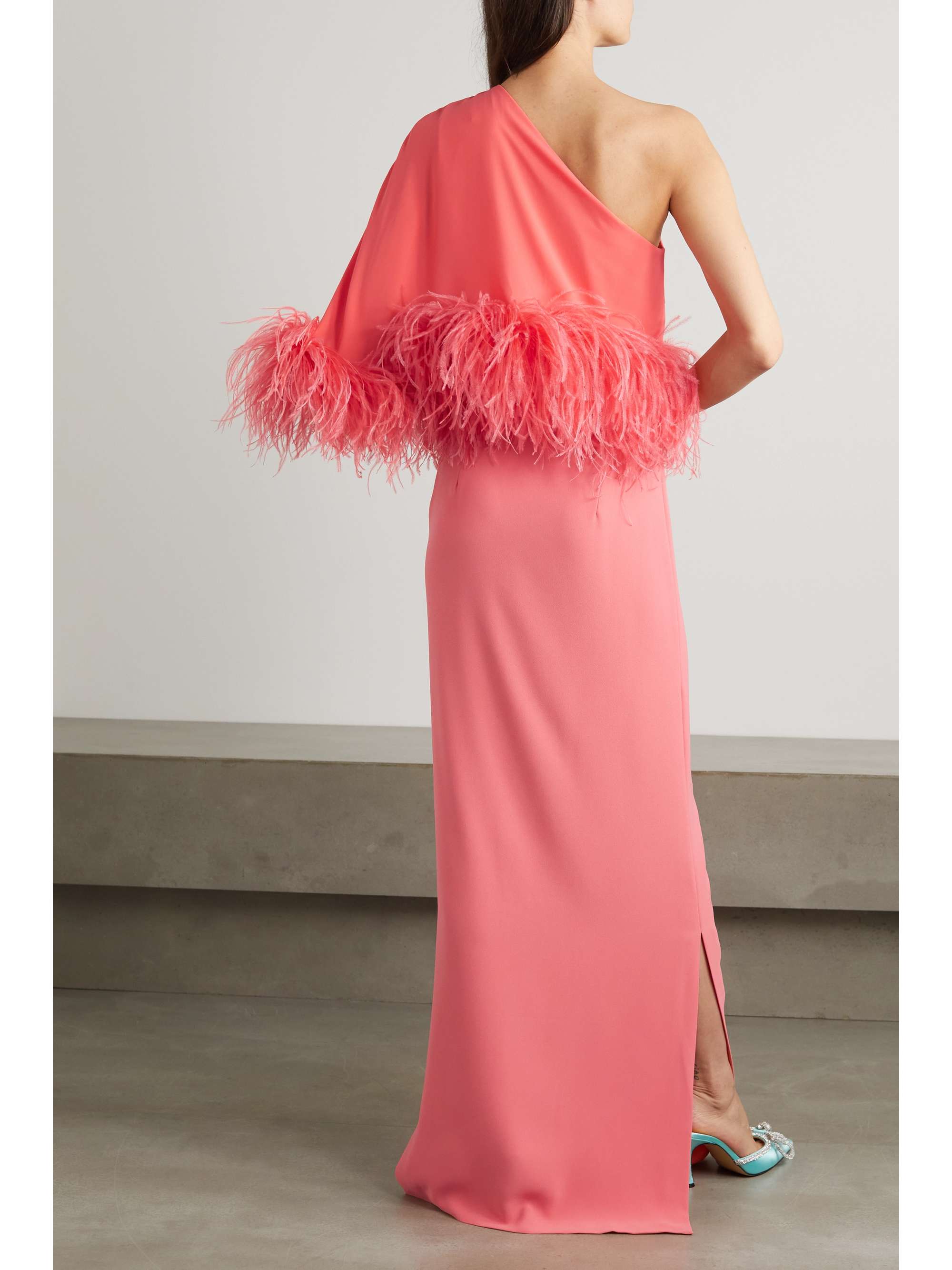 16ARLINGTON Alder cape-effect feather-trimmed crepe gown