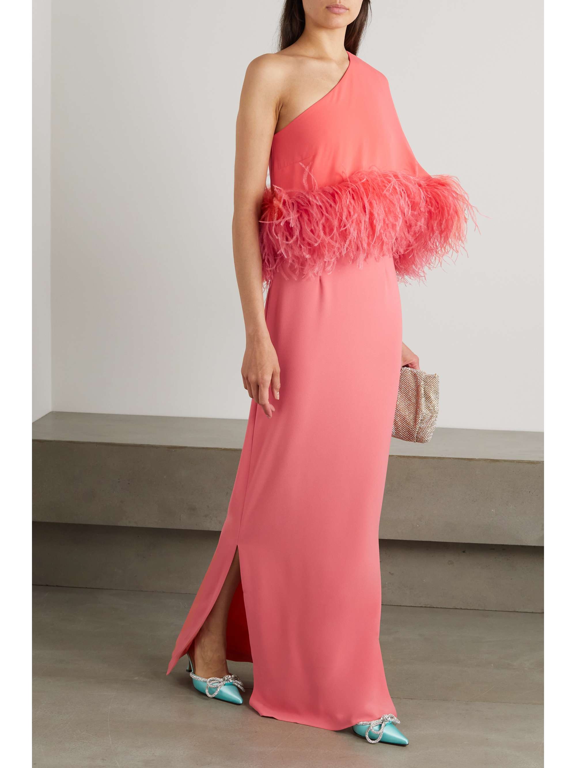 16ARLINGTON Alder cape-effect feather-trimmed crepe gown