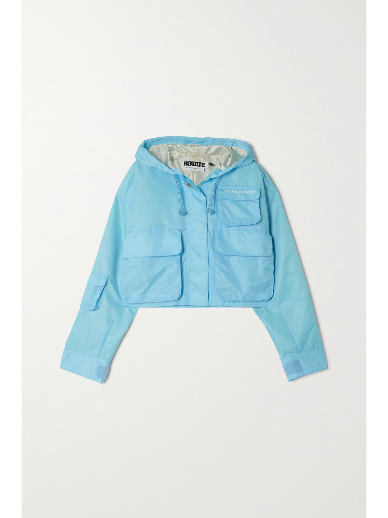 Rotate Birger Christensen Drew Cropped Embroidered Recycled Shell Hooded Jacket In Blue
