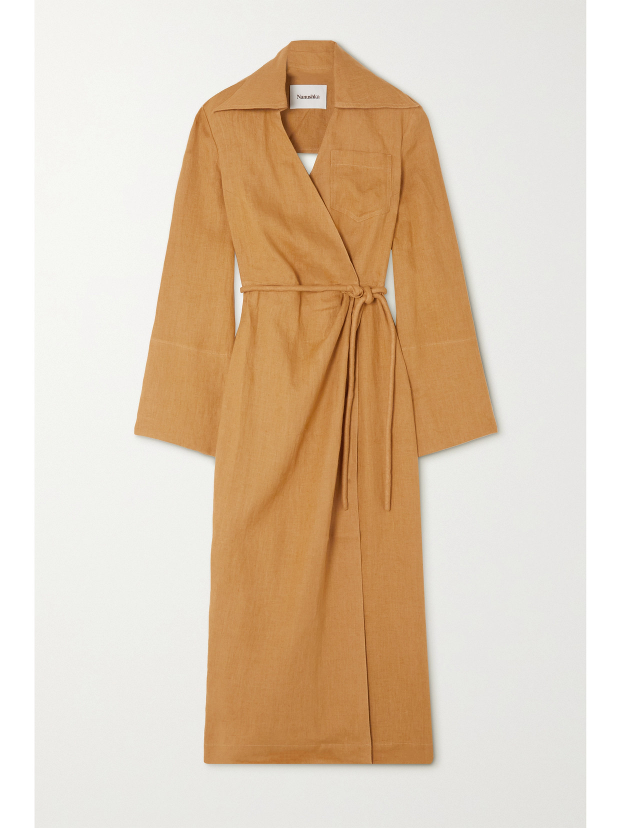 Nanushka - Farah Open-back Linen Midi Wrap Dress - Brown image