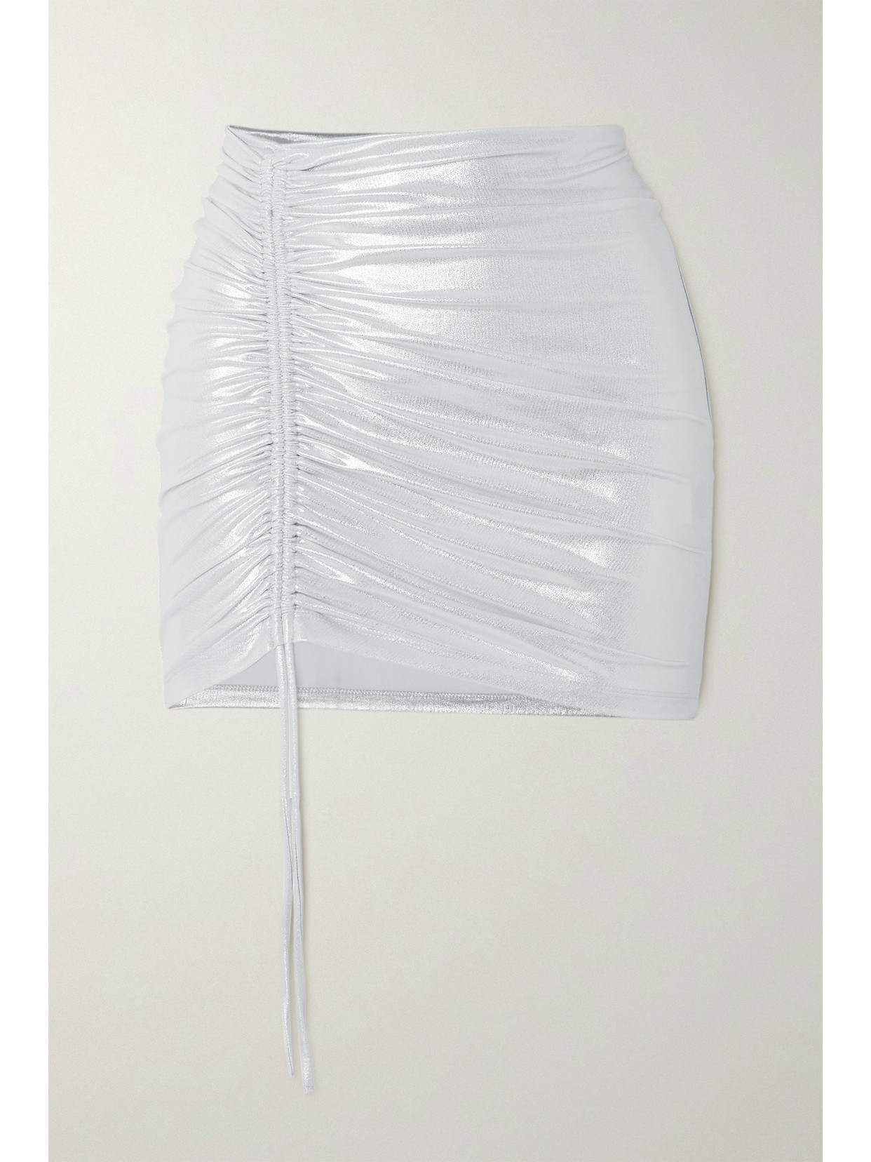 Rotate Birger Christensen Margaritta Ruched Metallic Recycled Stretch-jersey Mini Skirt In Silver