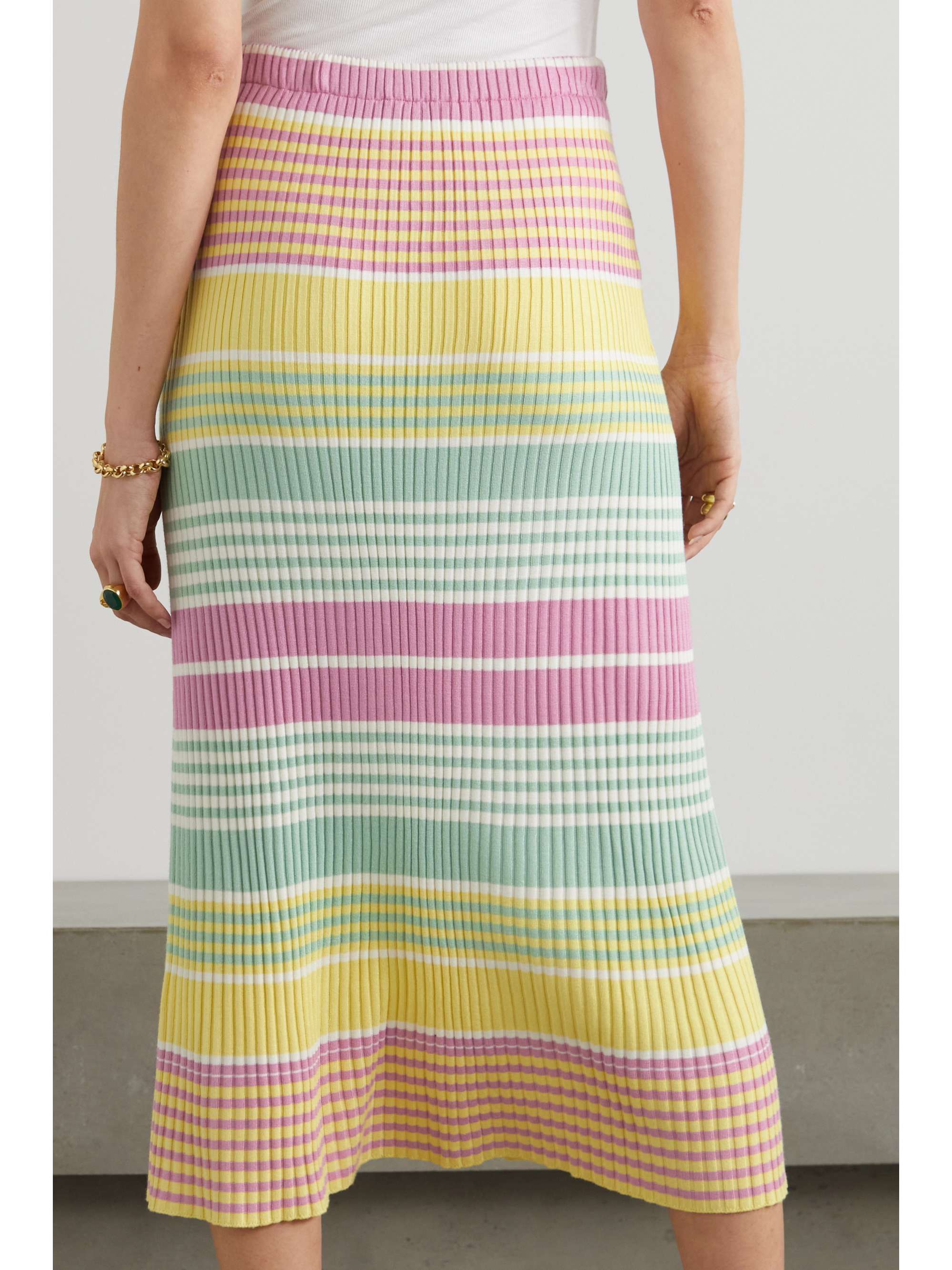 RIXO Kelly striped ribbed-knit midi skirt