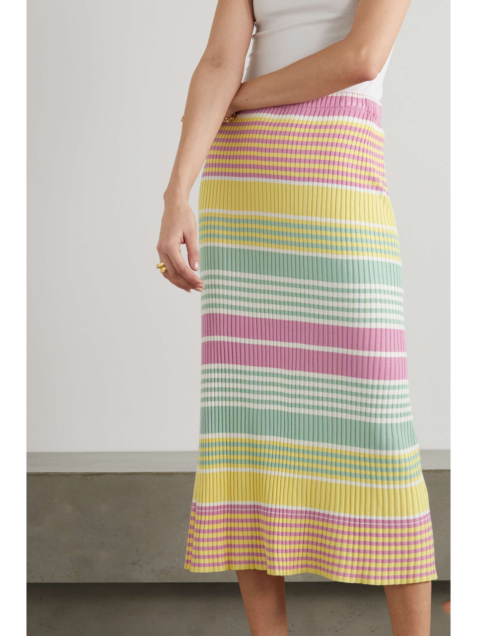 RIXO Kelly striped ribbed-knit midi skirt