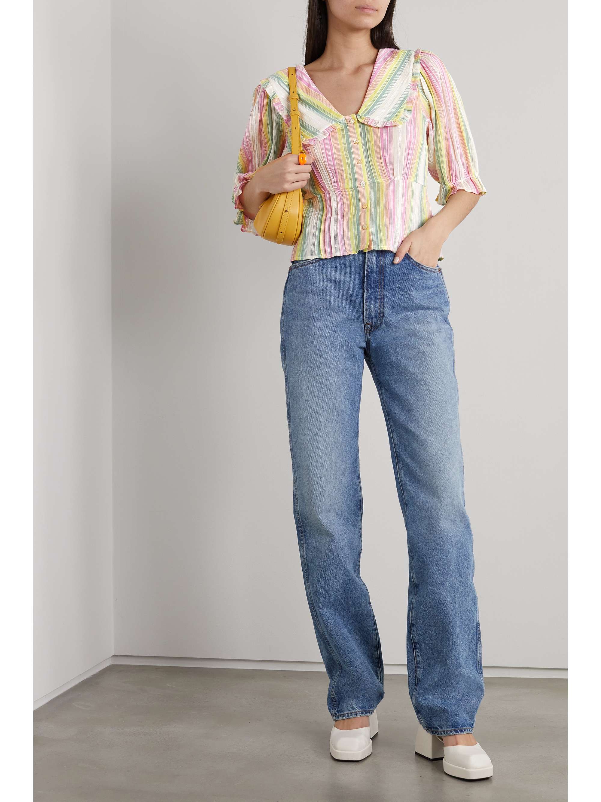 RIXO Tuscany cropped striped cotton-poplin blouse