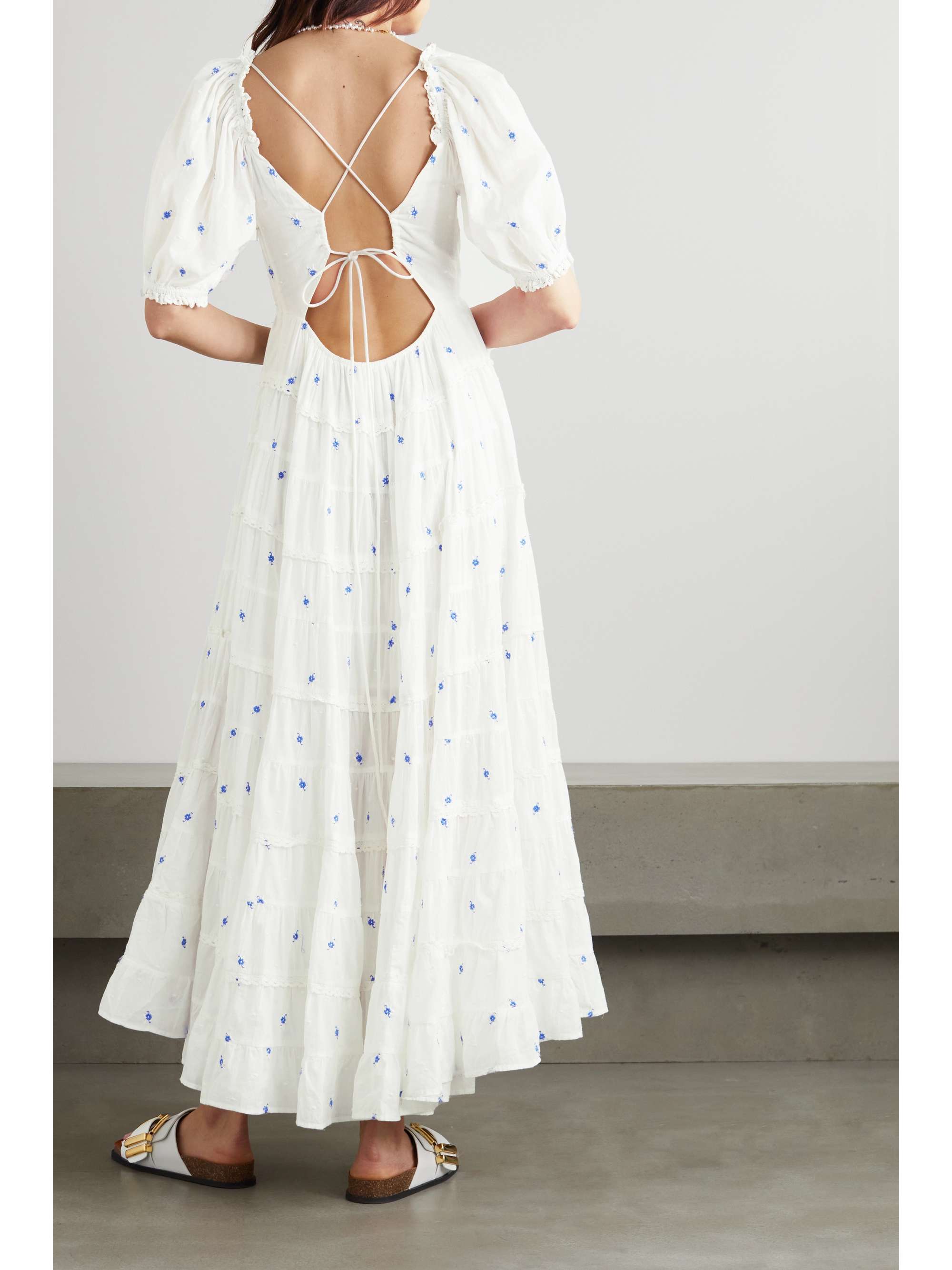 RIXO Cannes open-back tiered embroidered cotton midi dress