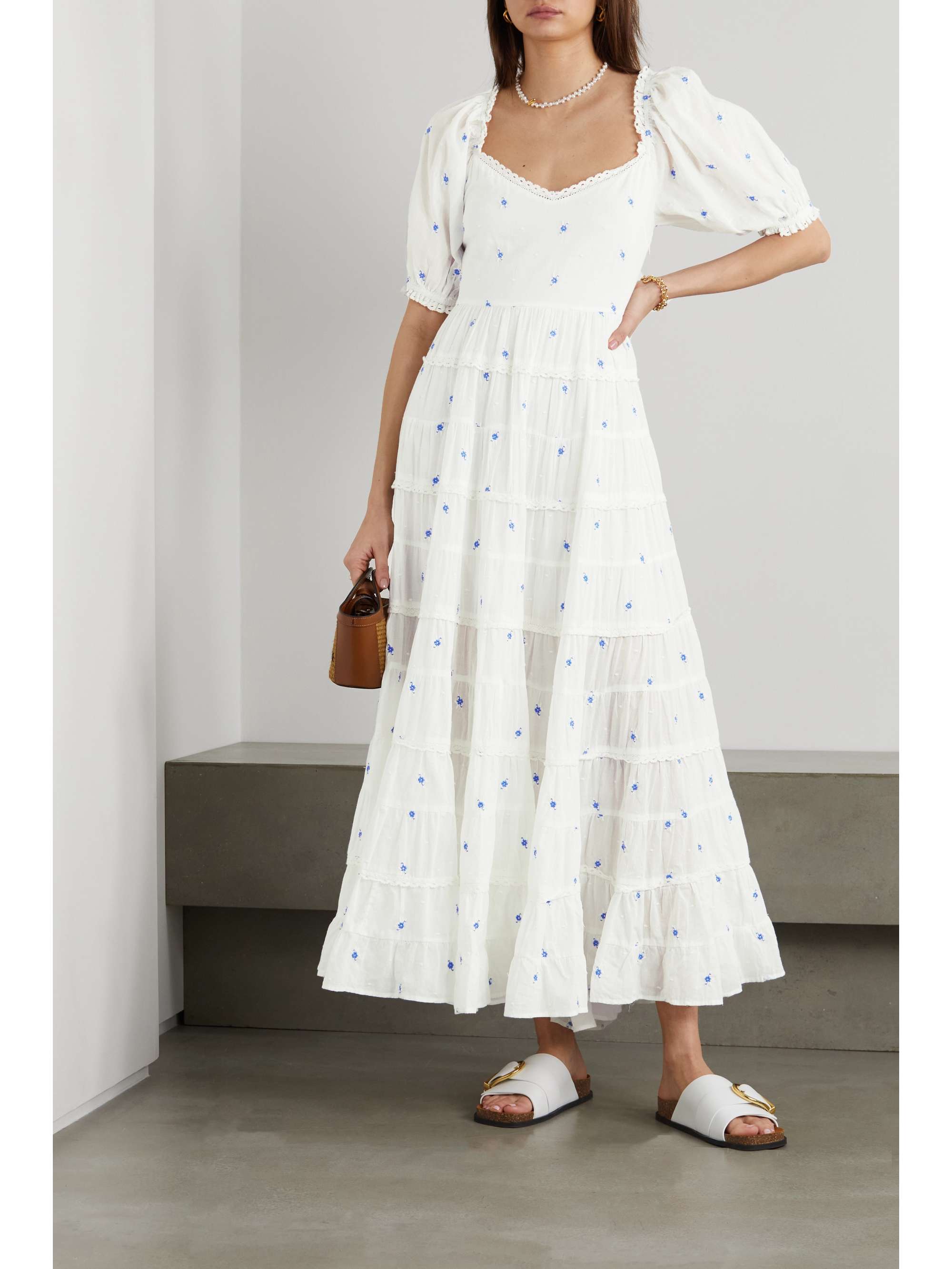 RIXO Cannes open-back tiered embroidered cotton midi dress