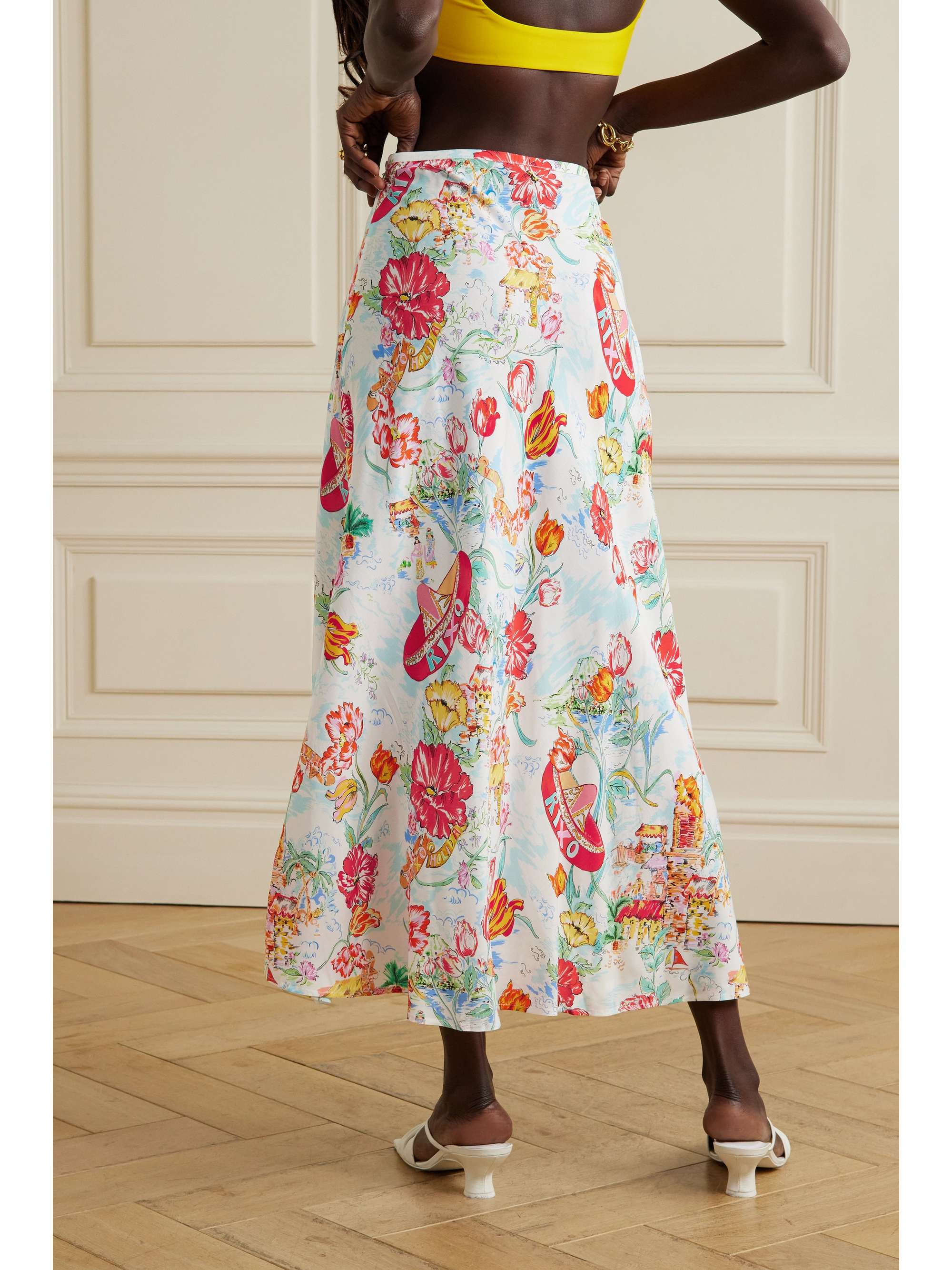RIXO Kelly printed voile midi skirt