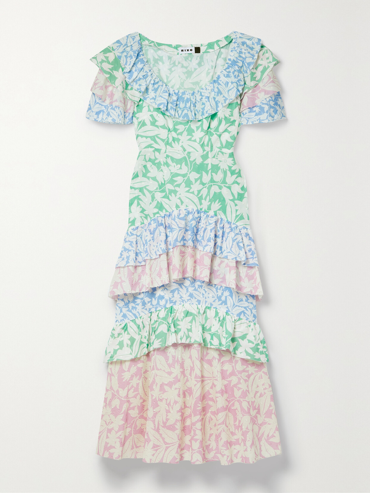 Rixo London Benita Tiered Floral-print Fil Coupé Cotton-voile Maxi Dress In Green