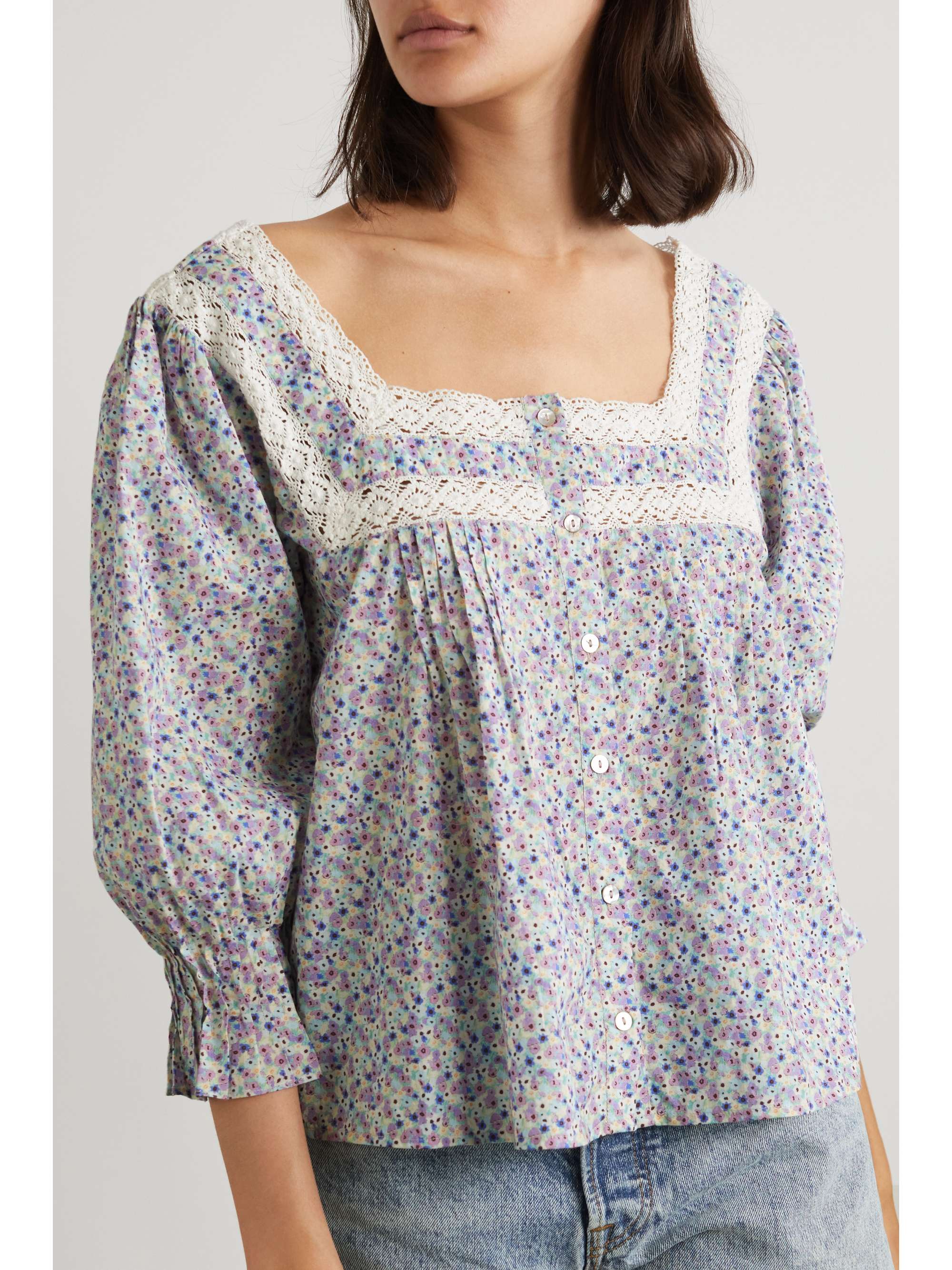 RIXO Sedona crochet-trimmed floral cotton-voile blouse