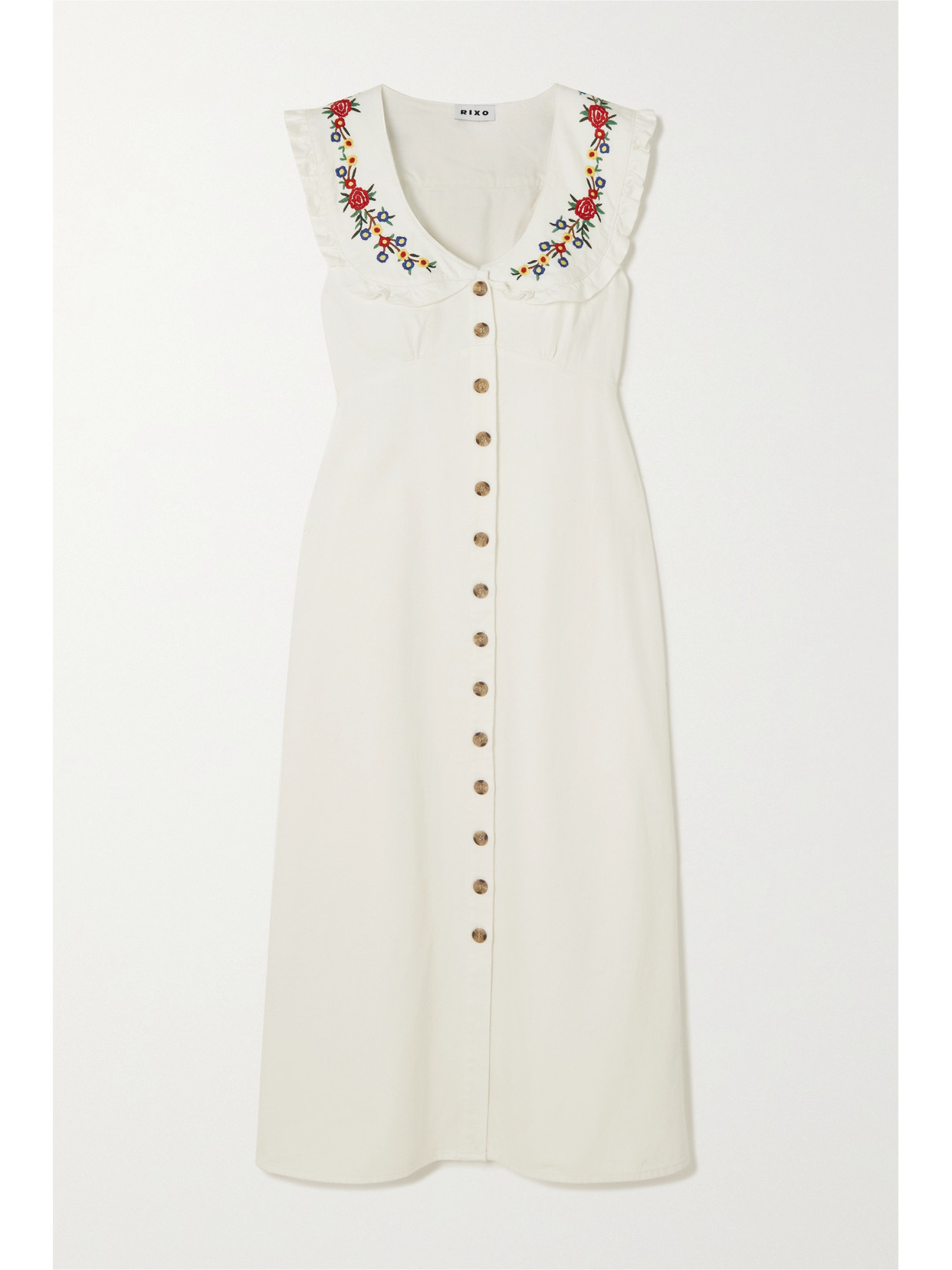 RIXO LONDON NOVA EMBROIDERED DENIM MIDI DRESS