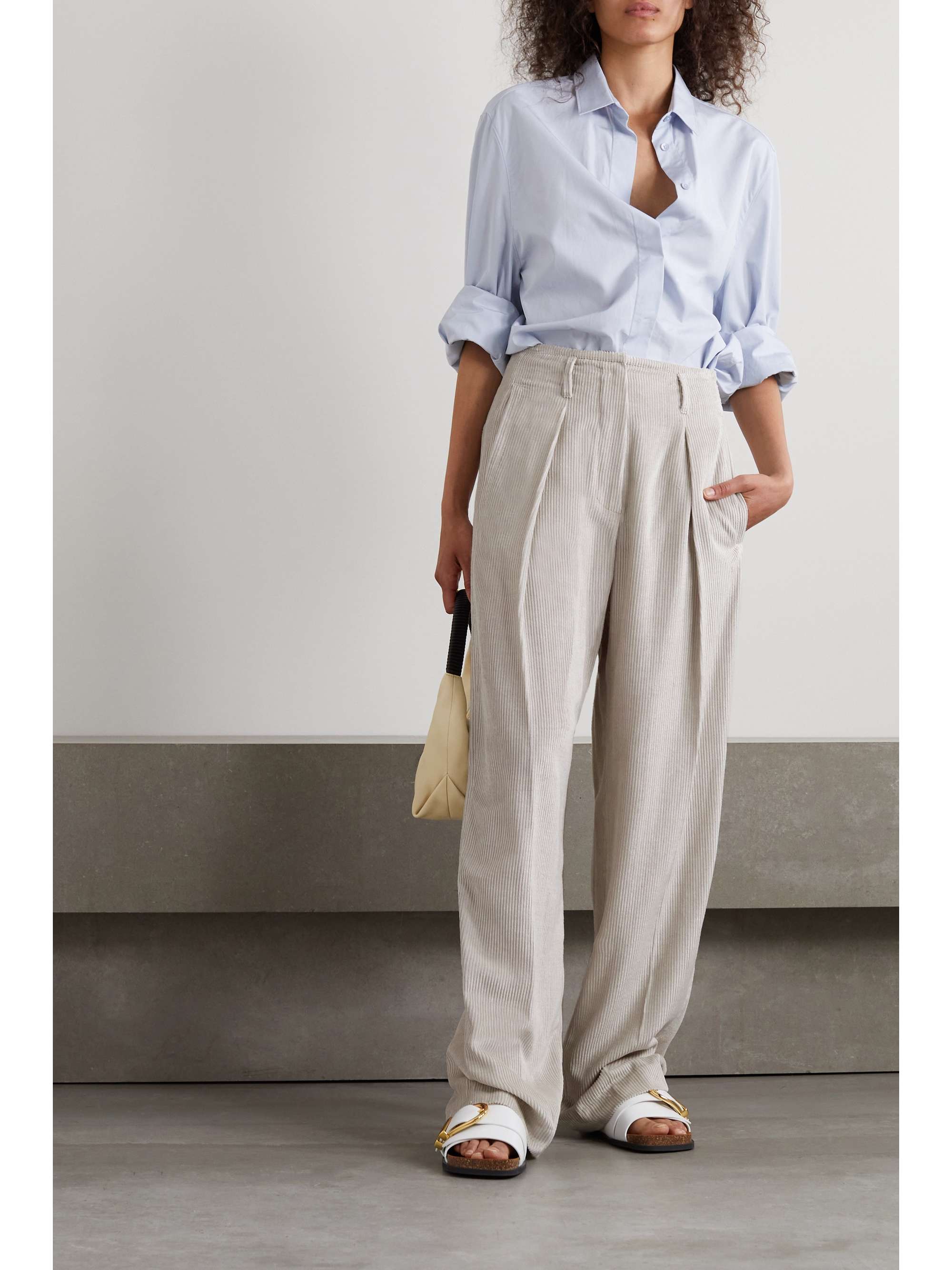 Pleated linen-blend corduroy wide-leg pants