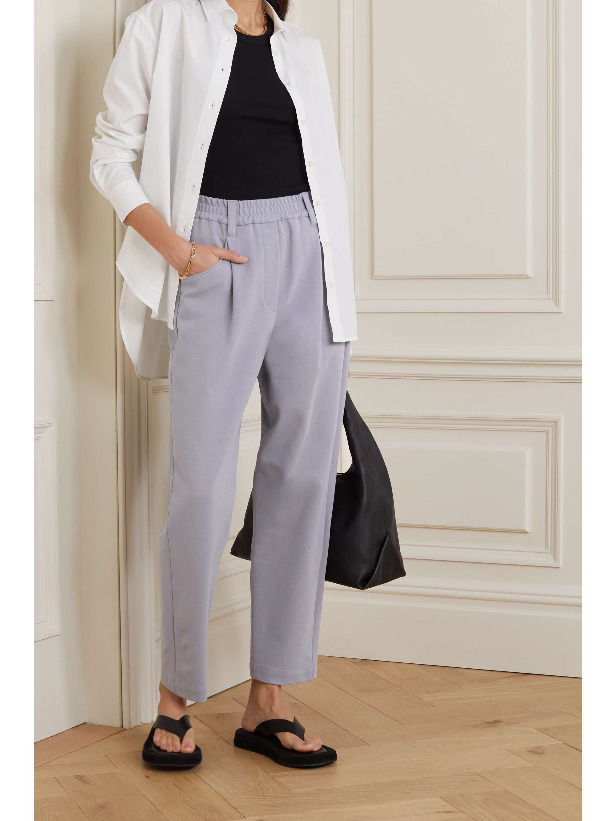 Pleated cotton-blend stretch-jersey tapered pants