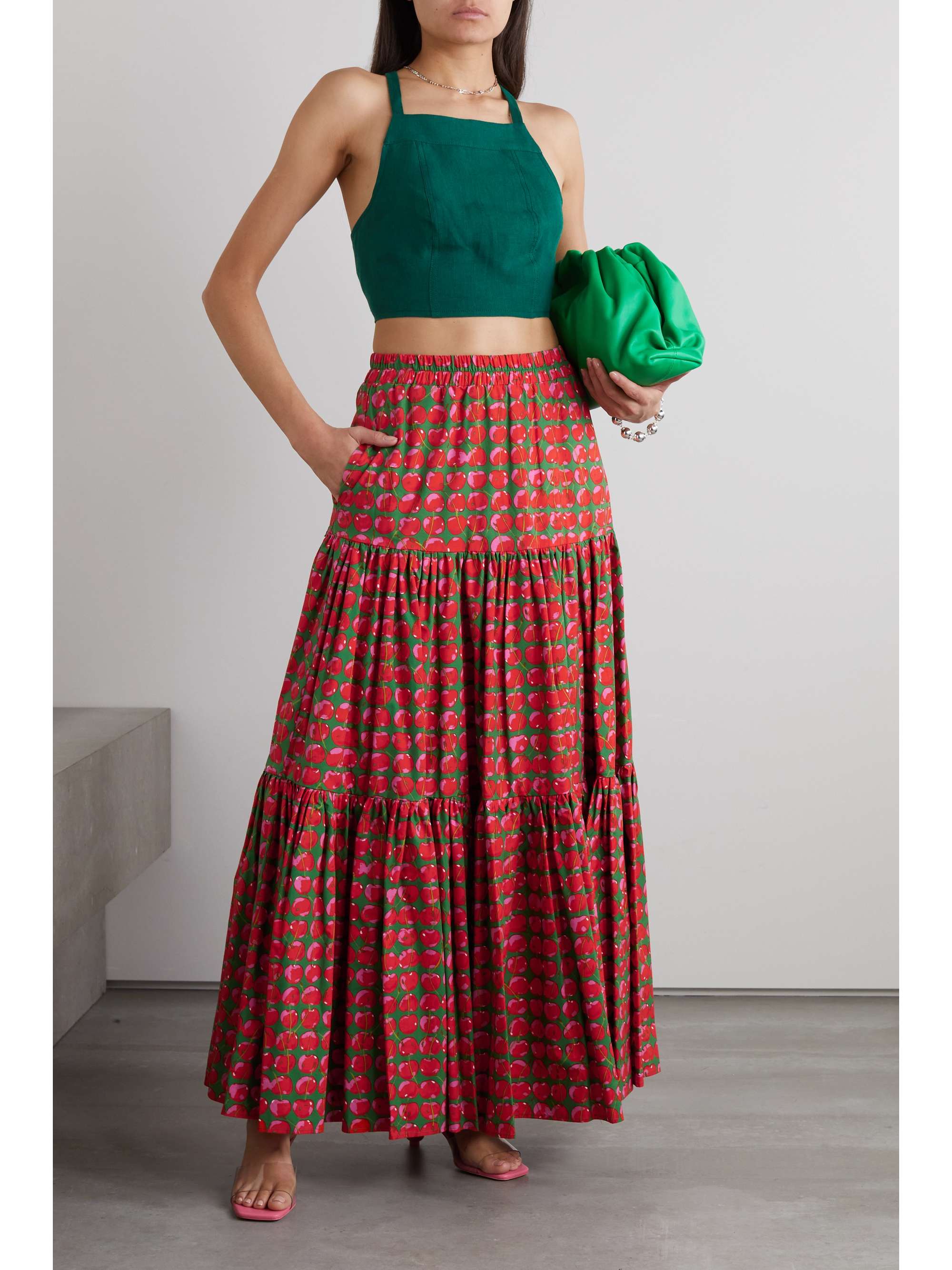 Big tiered printed cotton-poplin maxi skirt