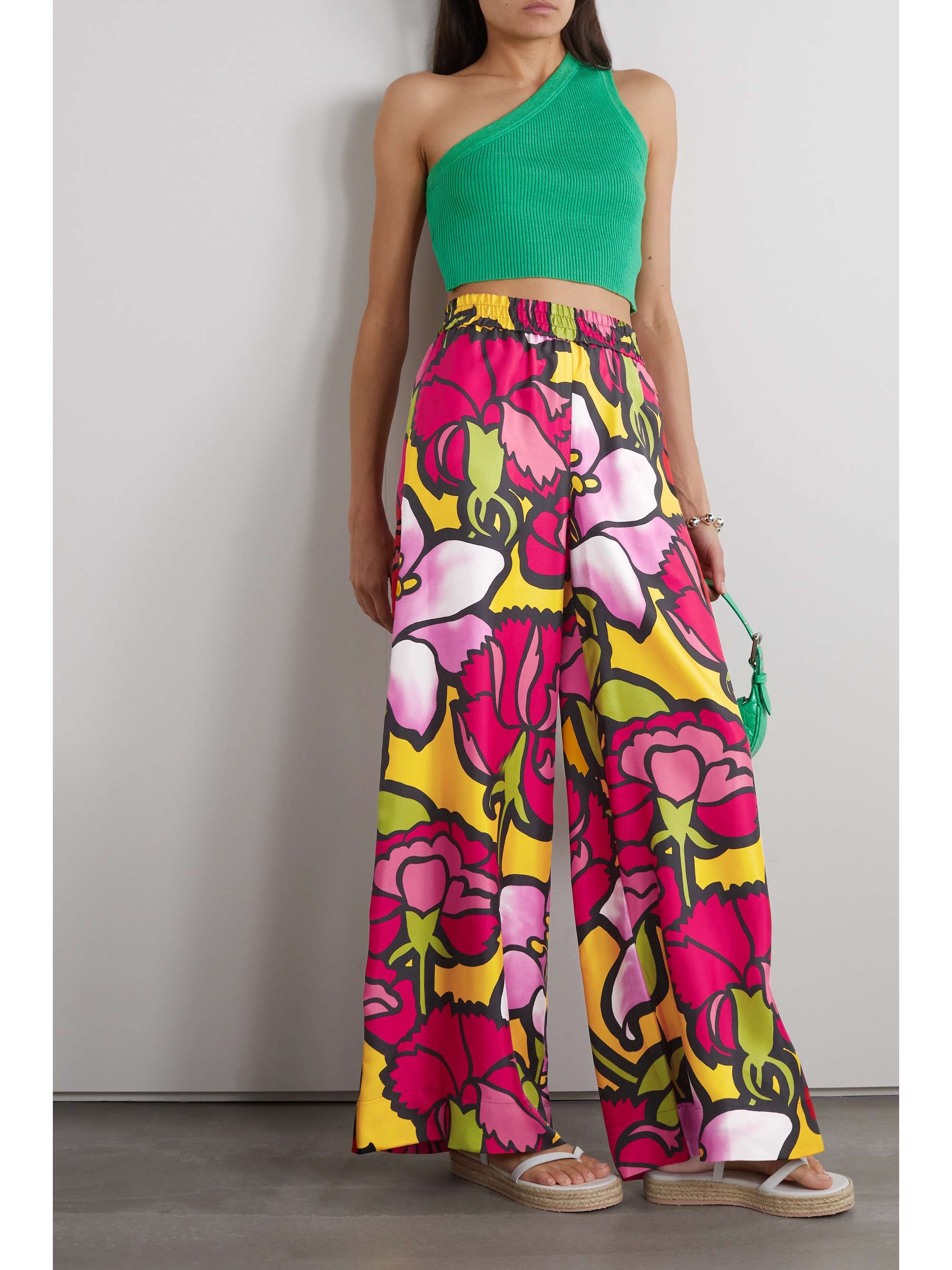 Floral-print silk-twill wide-leg pants