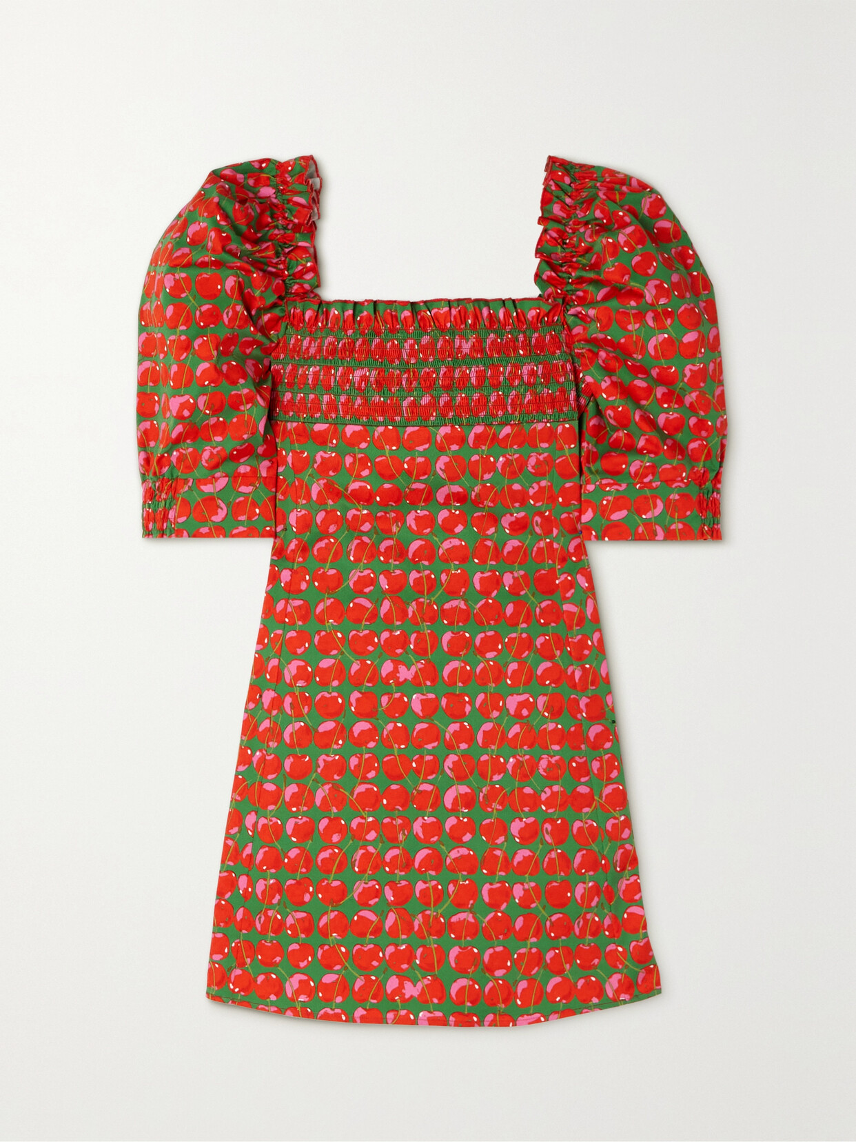 La Doublej Ruffled Smocked Printed Cotton-blend Poplin Mini Dress In Red