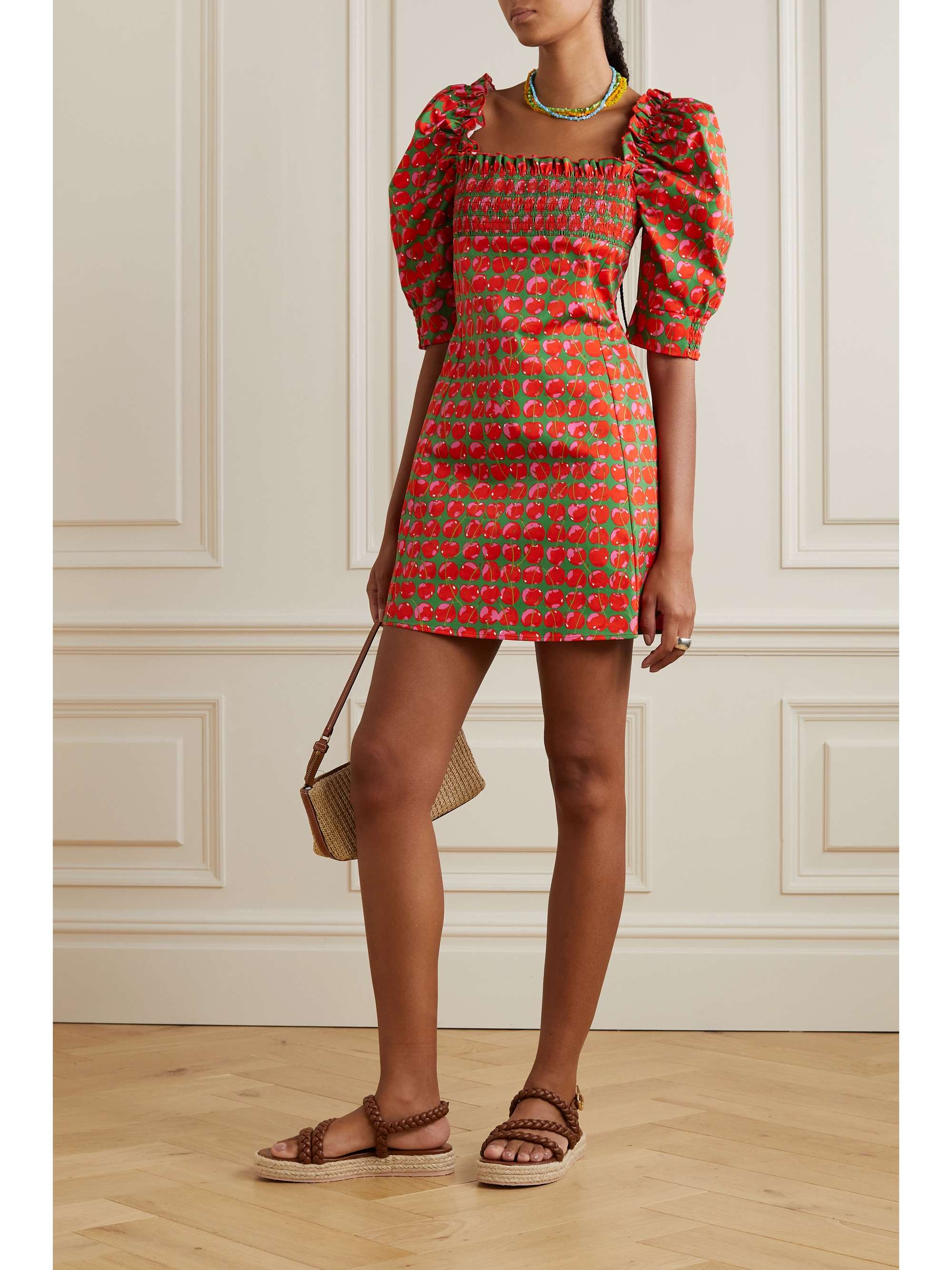 LA DOUBLEJ Ruffled smocked printed cotton-blend poplin mini dress