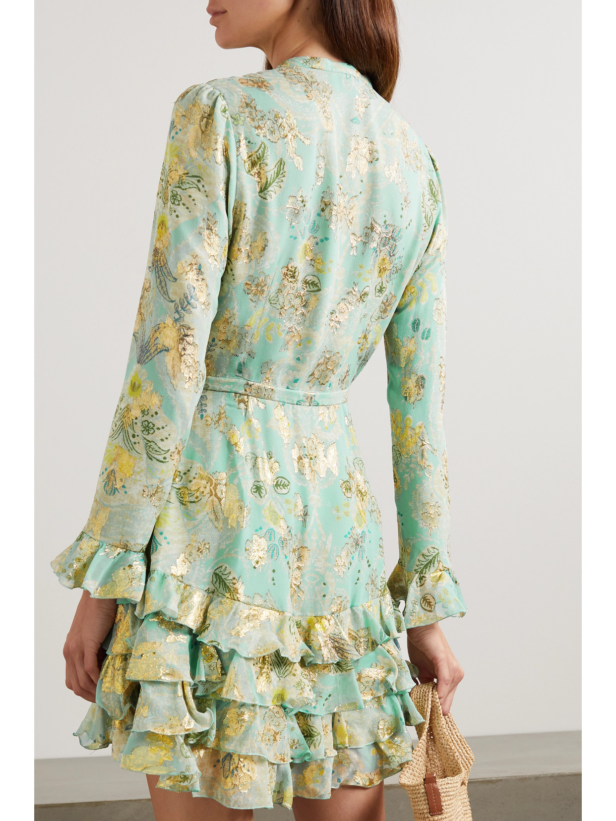 Etro Ruffled Metallic Floral-jacquard Silk-chiffon Mini Dress In Blue