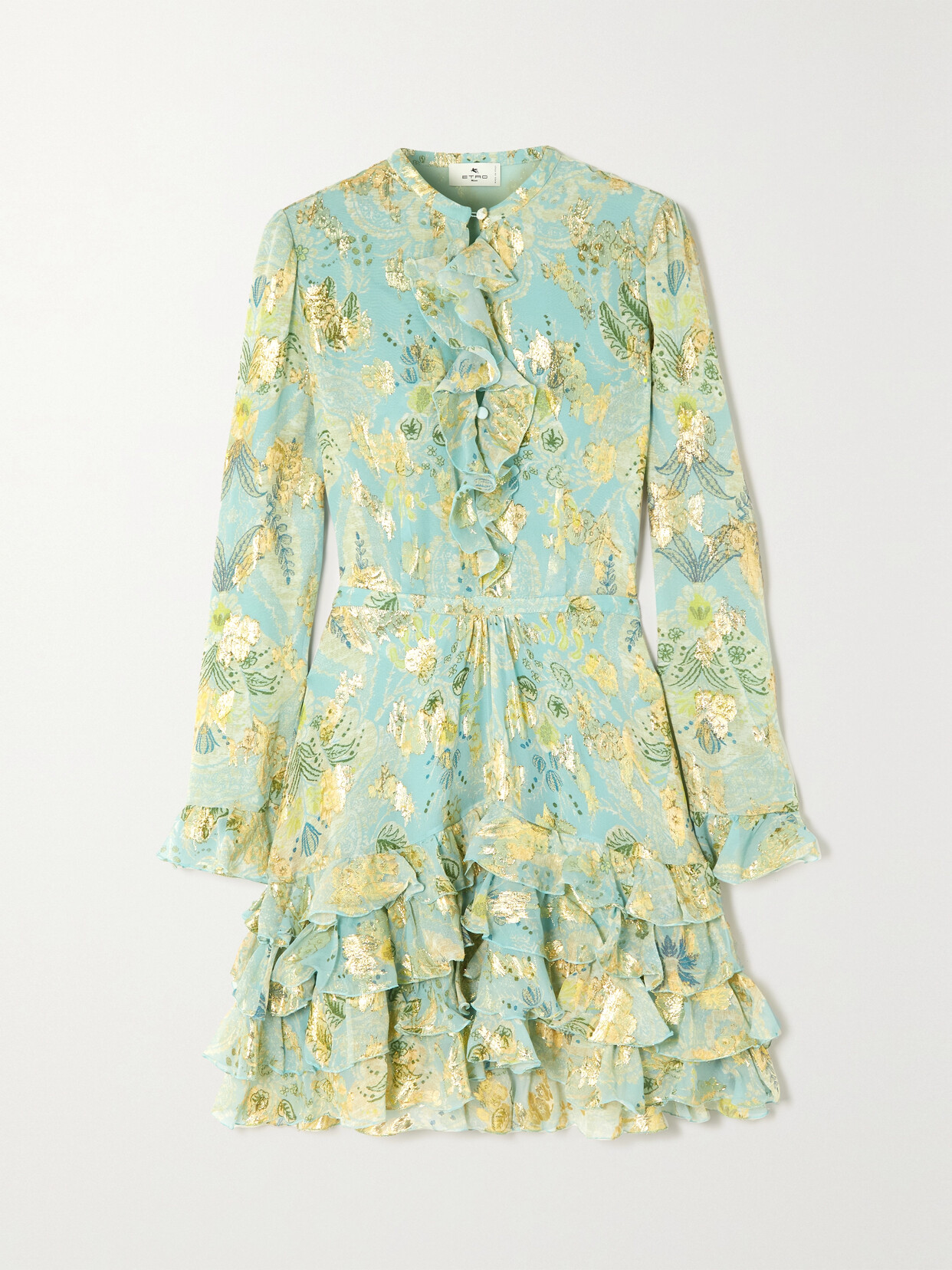 Etro Ruffled Metallic Floral-jacquard Silk-chiffon Mini Dress In Blue