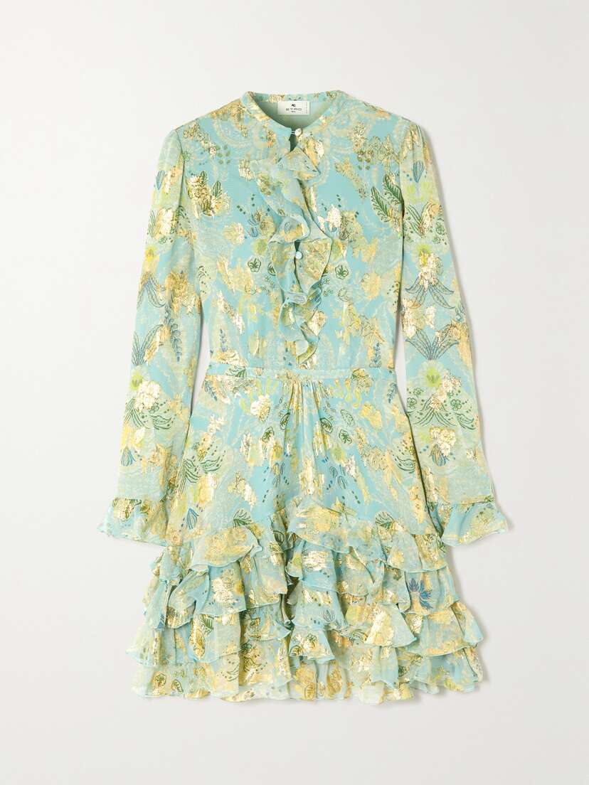 Etro Ruffled Metallic Floral-jacquard Silk-chiffon Mini Dress