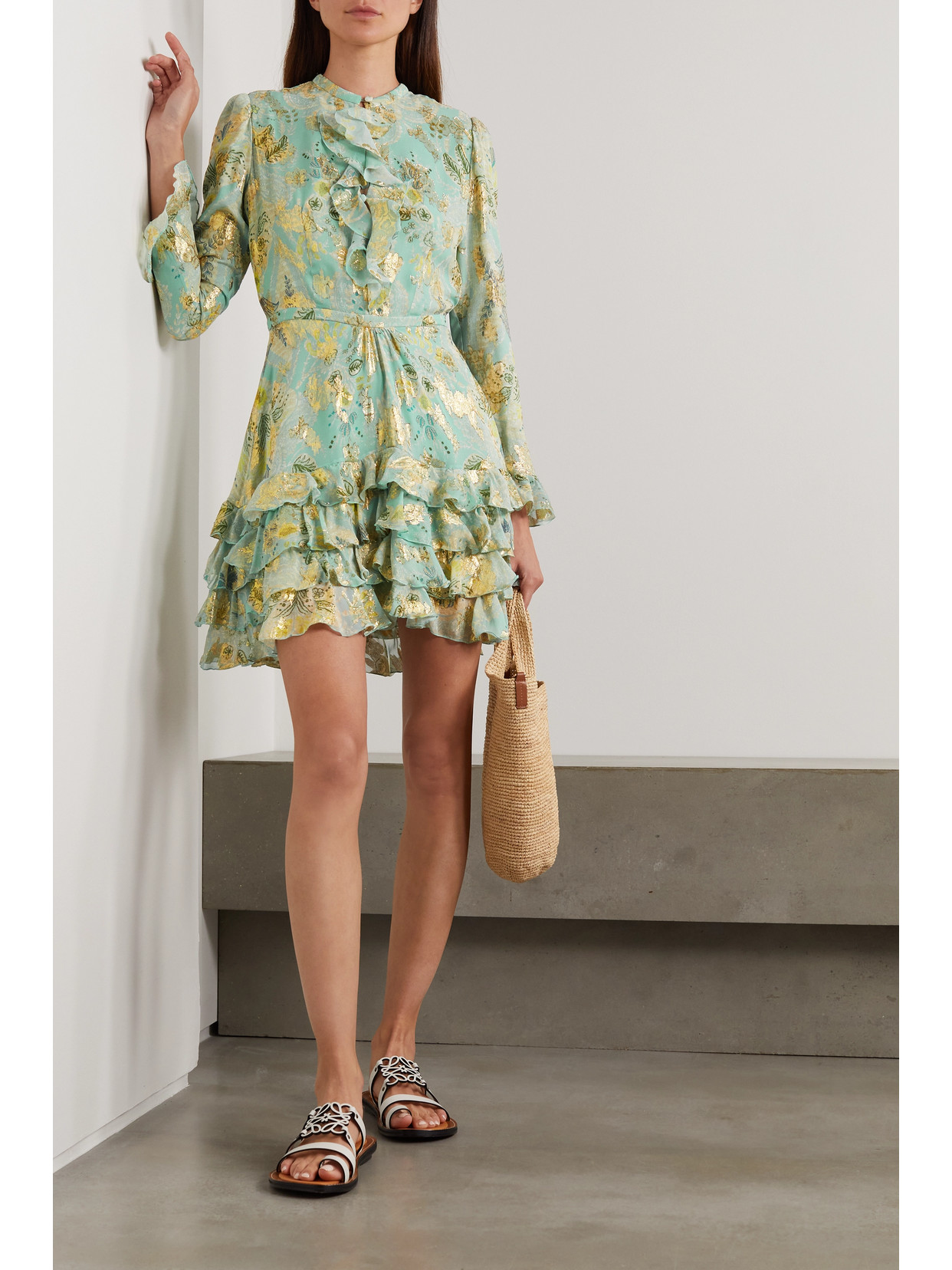 Etro Ruffled Metallic Floral-jacquard Silk-chiffon Mini Dress In Blue