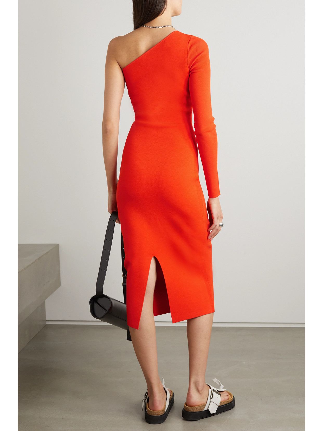 Victoria Beckham Vb Body Red One-shoulder Stretch-knit Midi Dress In Orange