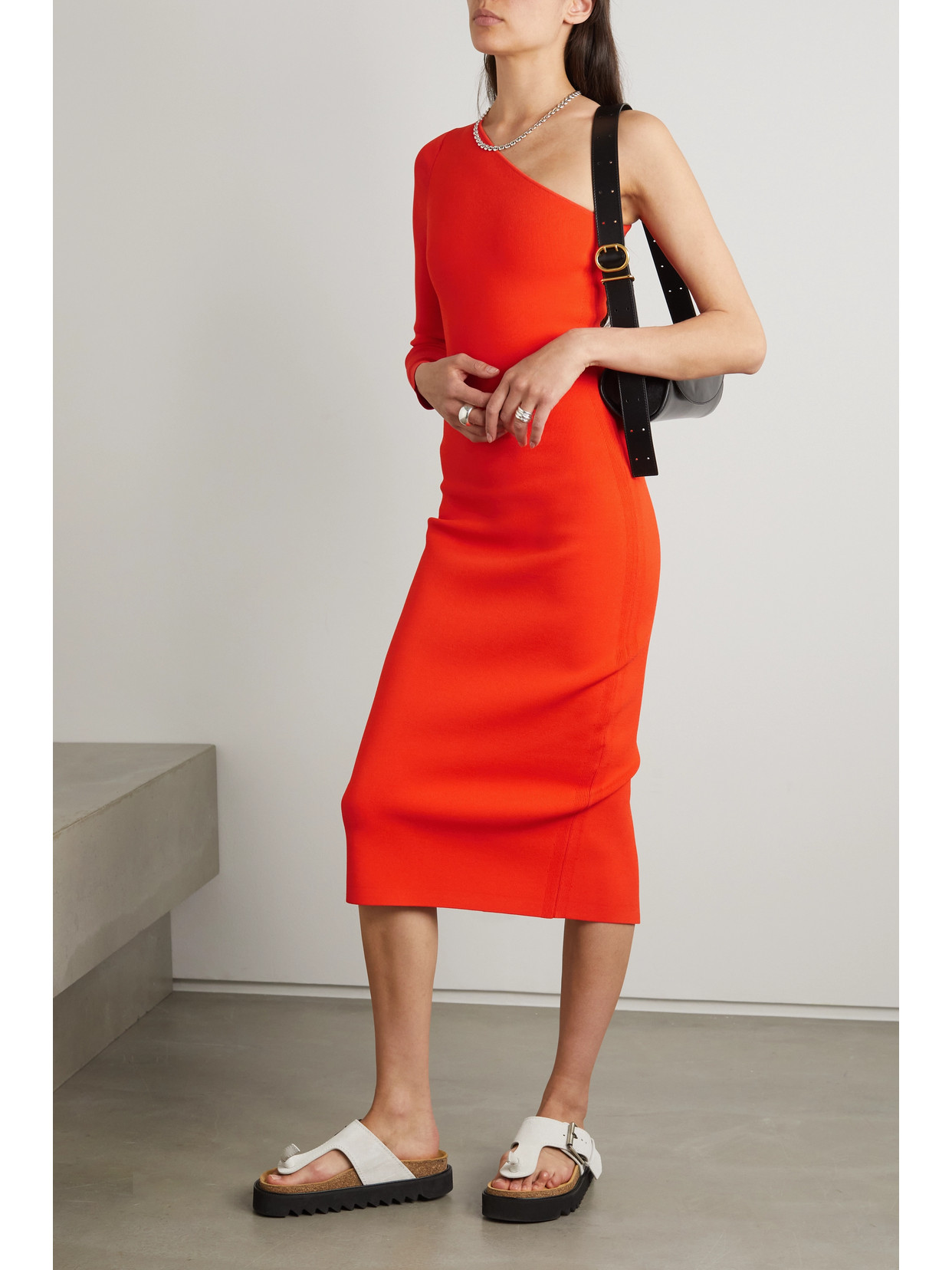 Victoria Beckham Vb Body Red One-shoulder Stretch-knit Midi Dress In Orange
