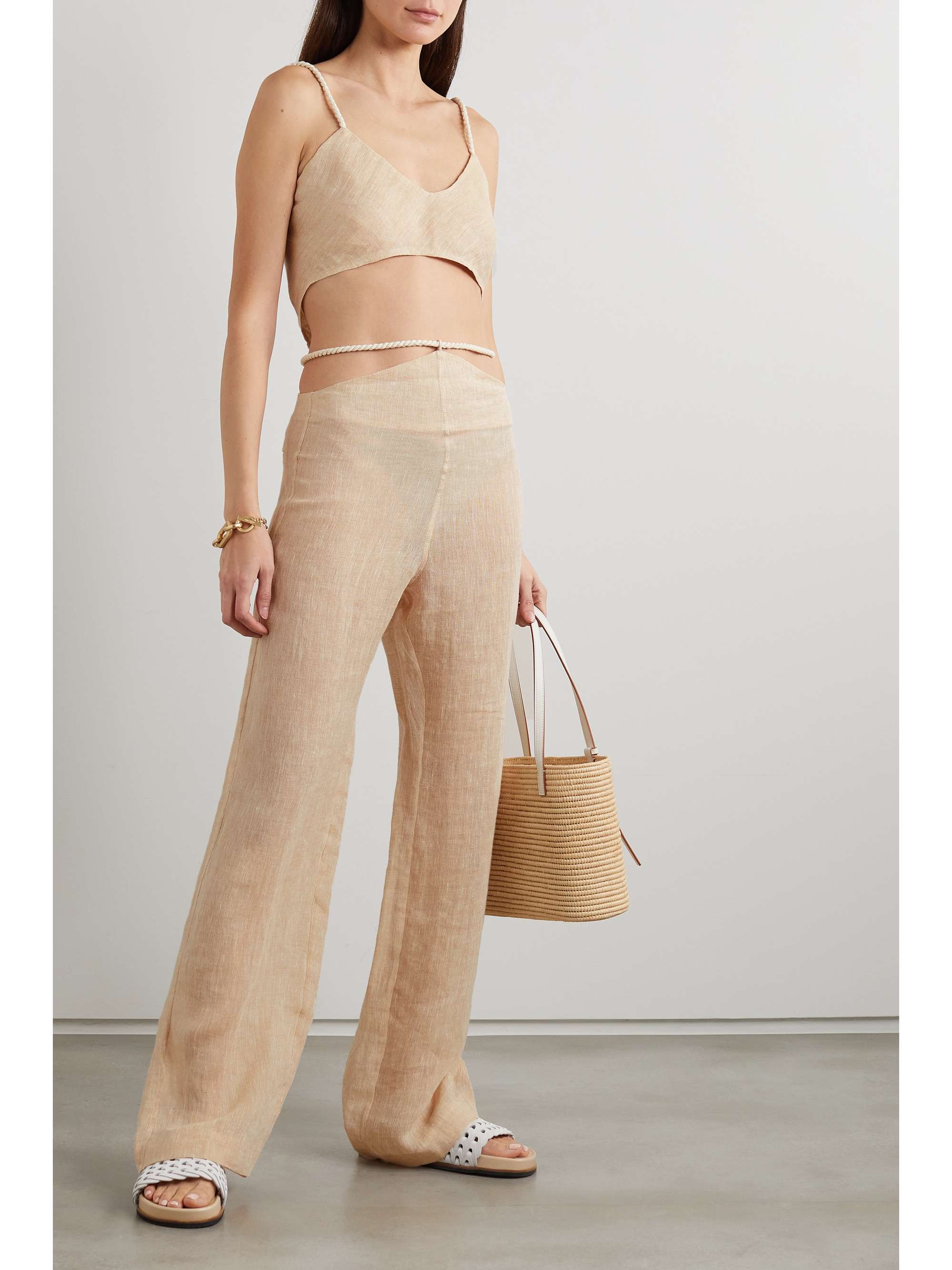 LE KASHA + NET SUSAIN Sidfa belted cutout organic linen wide-leg pants