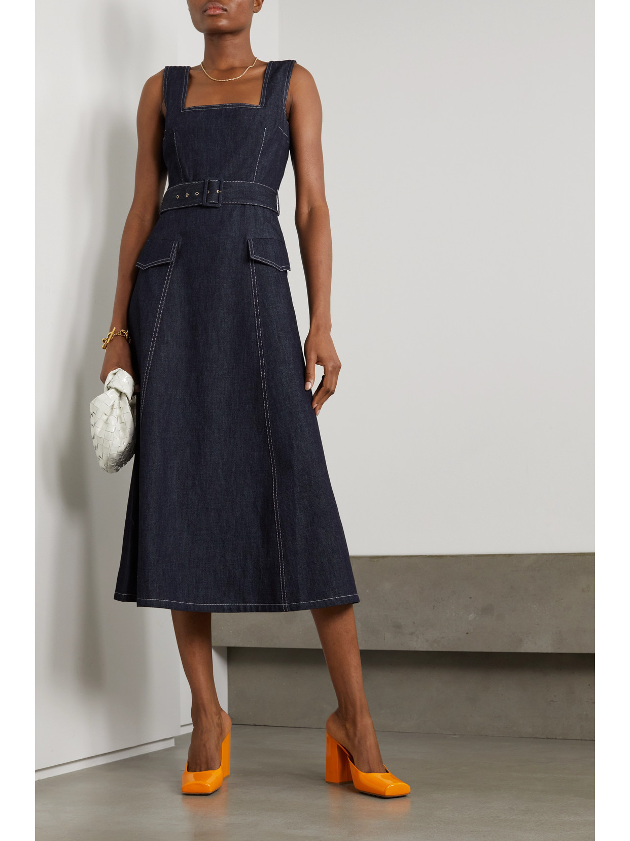 Shop Emilia Wickstead Petra Belted Denim Midi Dress In Blue