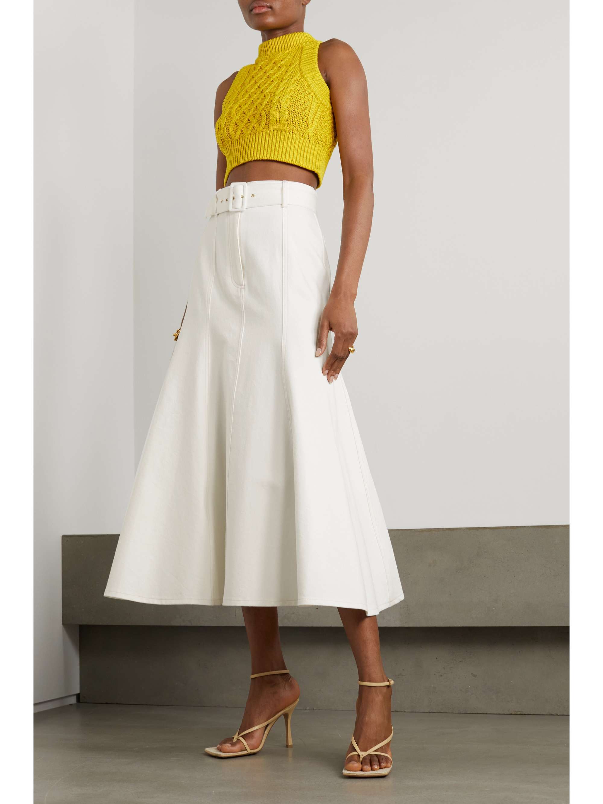 White Bentley belted pleated denim midi 