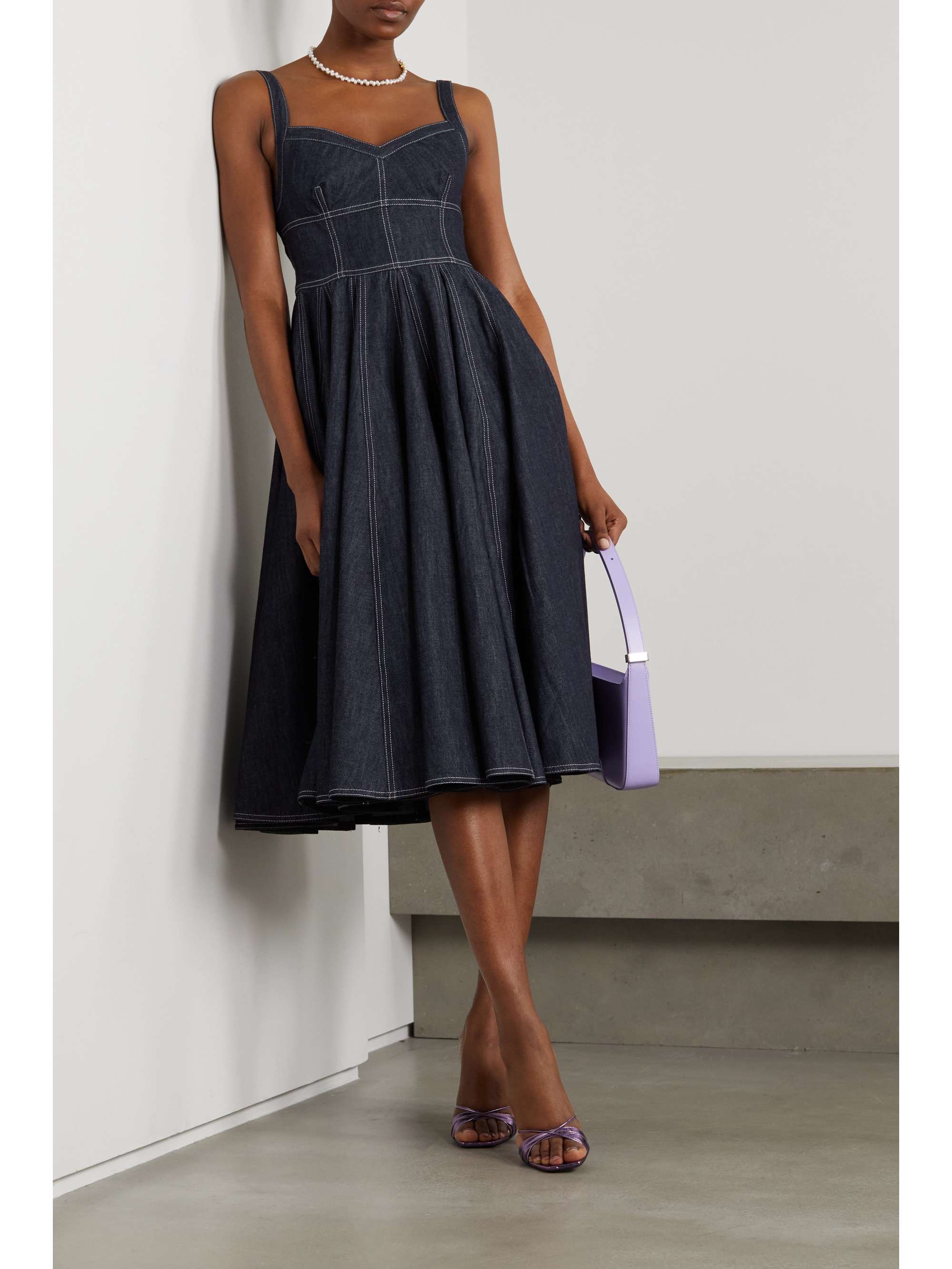 Navy Elyse pleated denim dress | EMILIA 