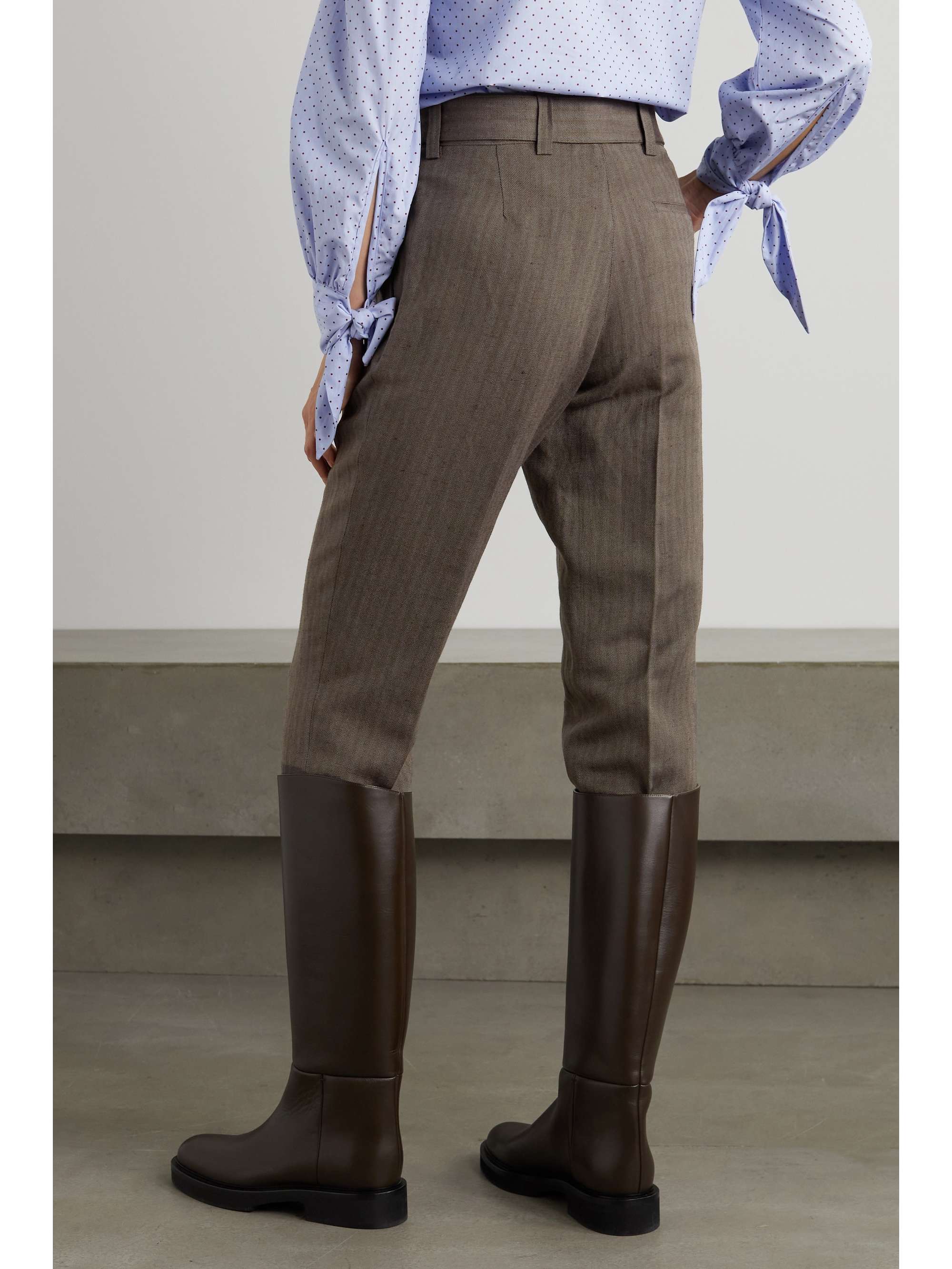 PURDEY Cropped belted pinstriped linen and wool-blend twill tapered pants