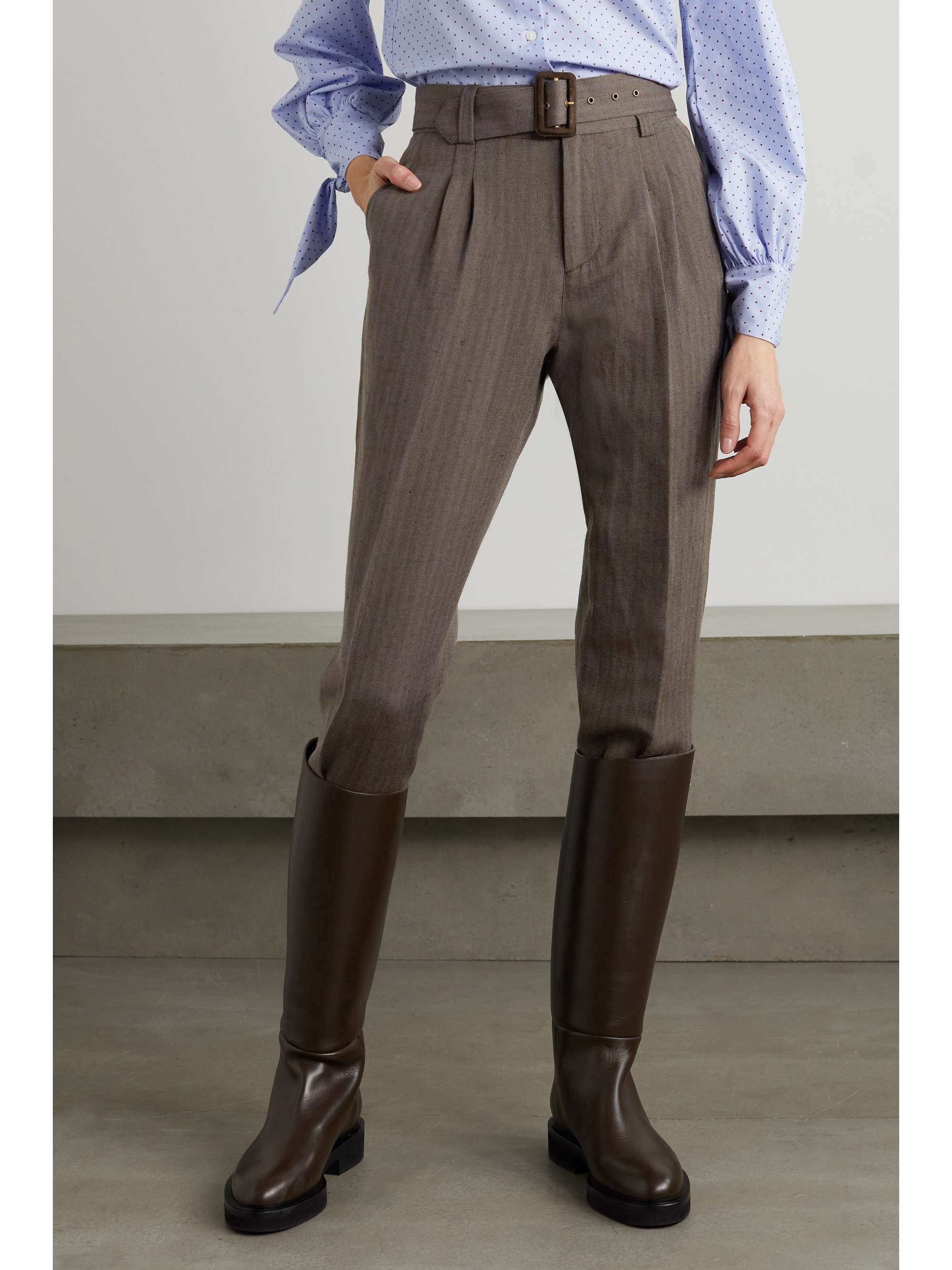 PURDEY Cropped belted pinstriped linen and wool-blend twill tapered pants
