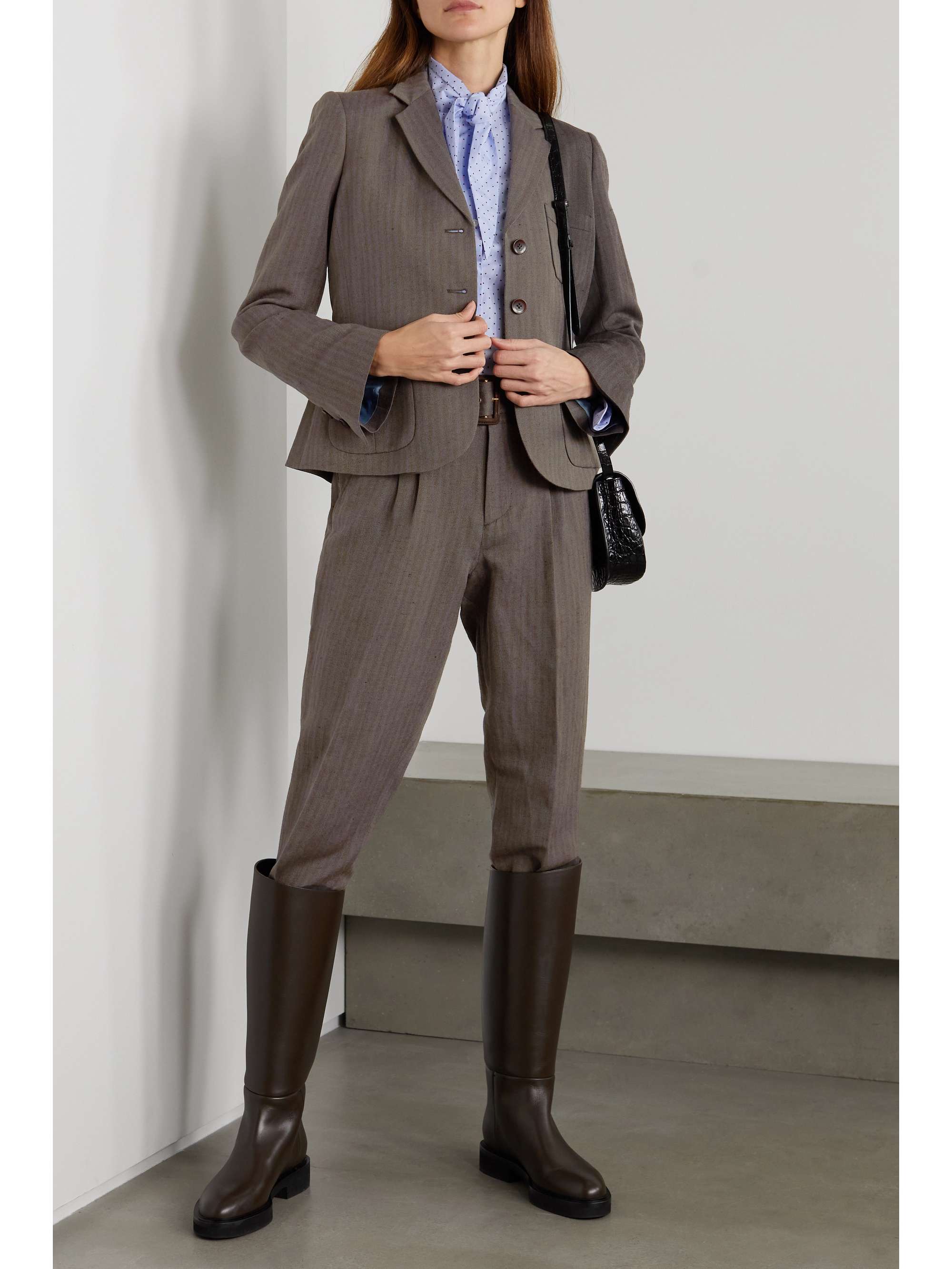 PURDEY Cropped belted pinstriped linen and wool-blend twill tapered pants