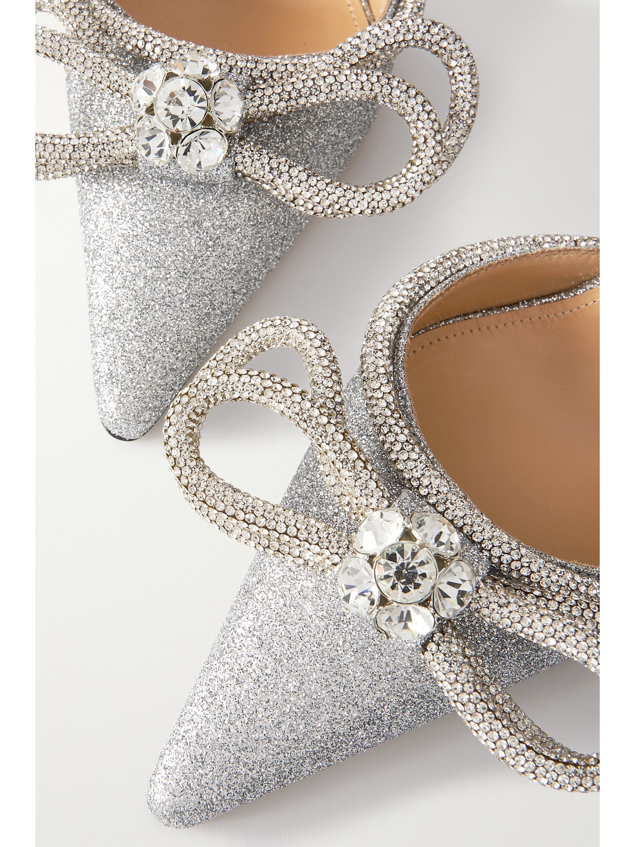 Mach&mach Double Bow Crystal-embellished Glittered Leather Point-toe Pumps In Silver