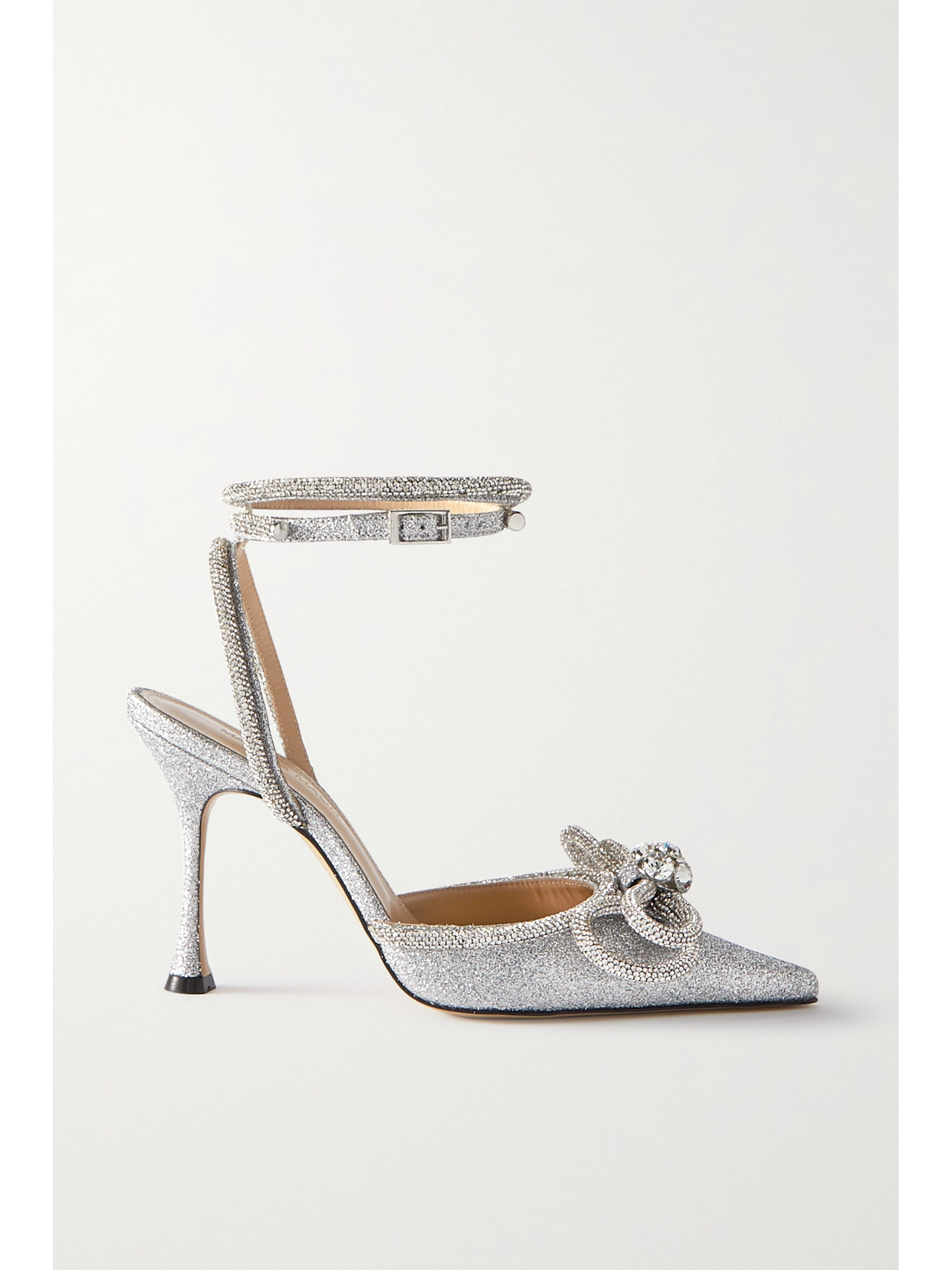 Mach & Mach Double Bow Crystal-embellished Glittered Leather Point-toe Pumps In Silver