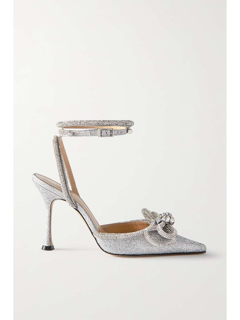 Mach & Mach Double Bow Crystal-embellished Glittered Leather Point-toe Pumps